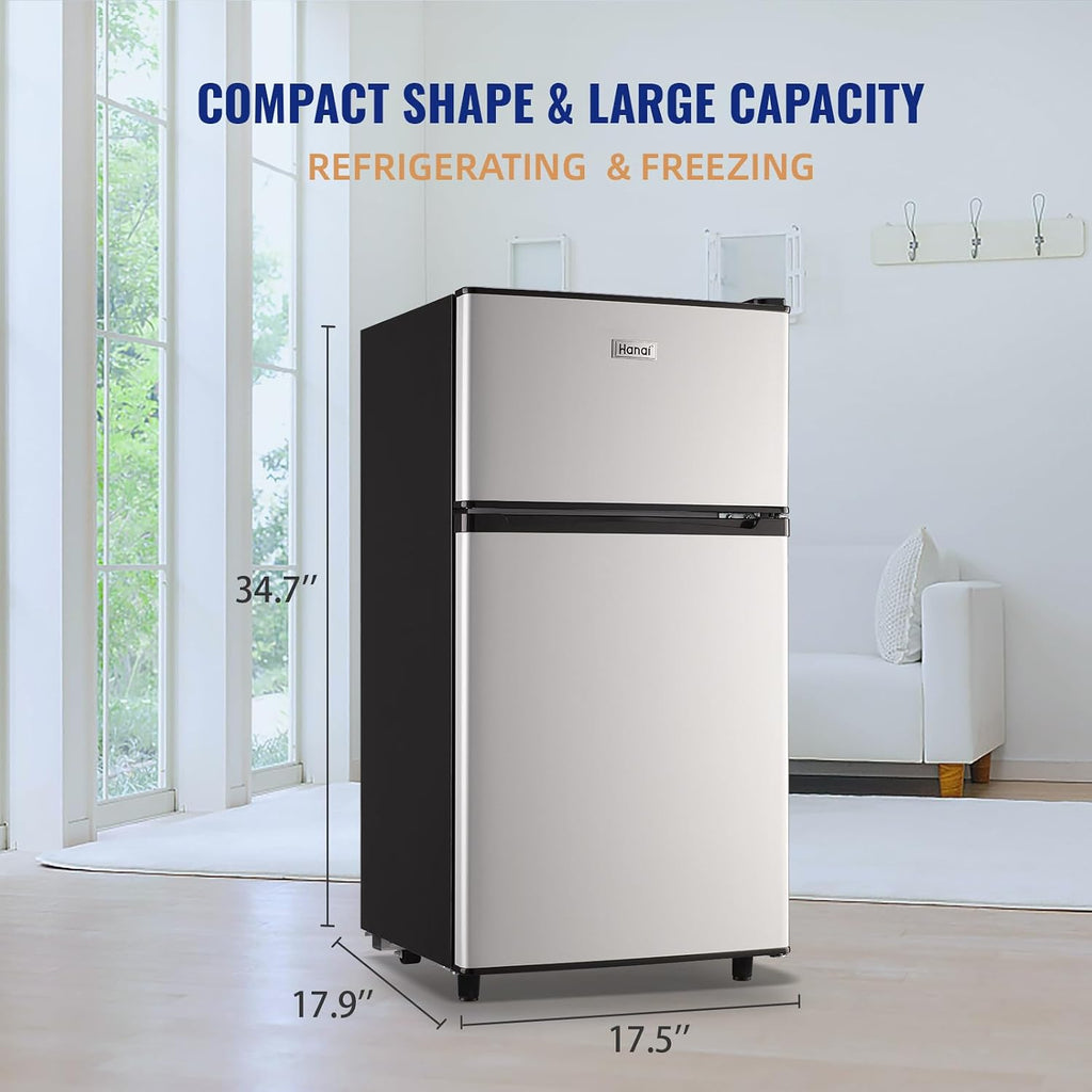 WANAI Refrigerator 3.5 Cu.Ft Refrigerator with Freezer, Retro Fridge with Dual Door,7 Adjustable Thermostat, Adjustable Shelves For Dorm, Office Bedroom, Silver