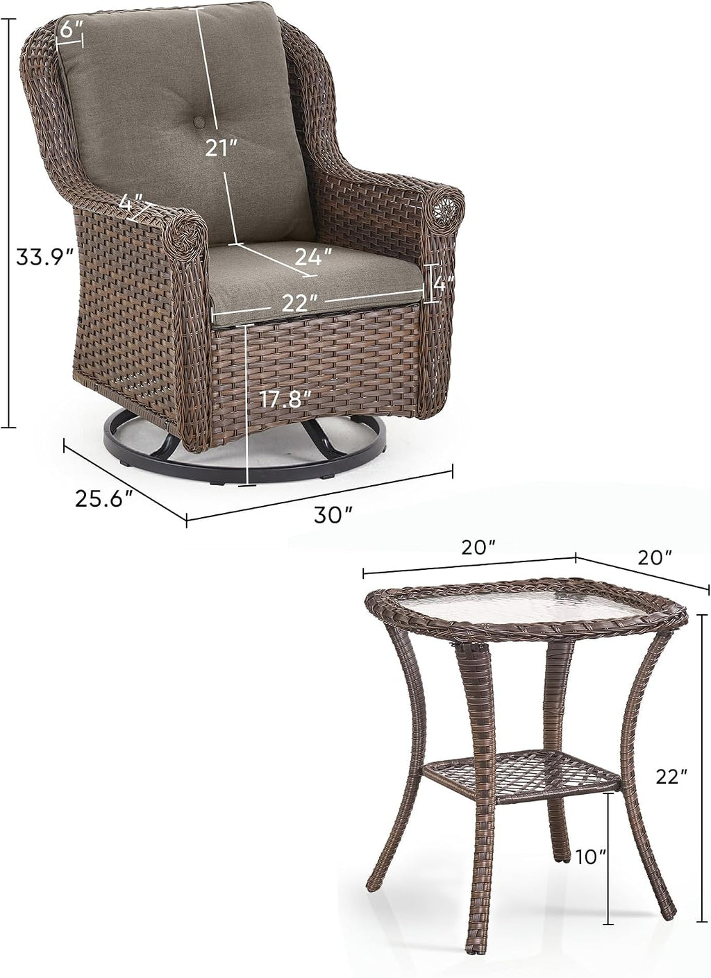 3 Piece Patio Swivel Chairs and Side Table Set - High Back Outdoor Brown Wicker Rattan Rocking Glider with Thick Cushions for Porch Apartment Deck Yard Poolside Garden - Grey