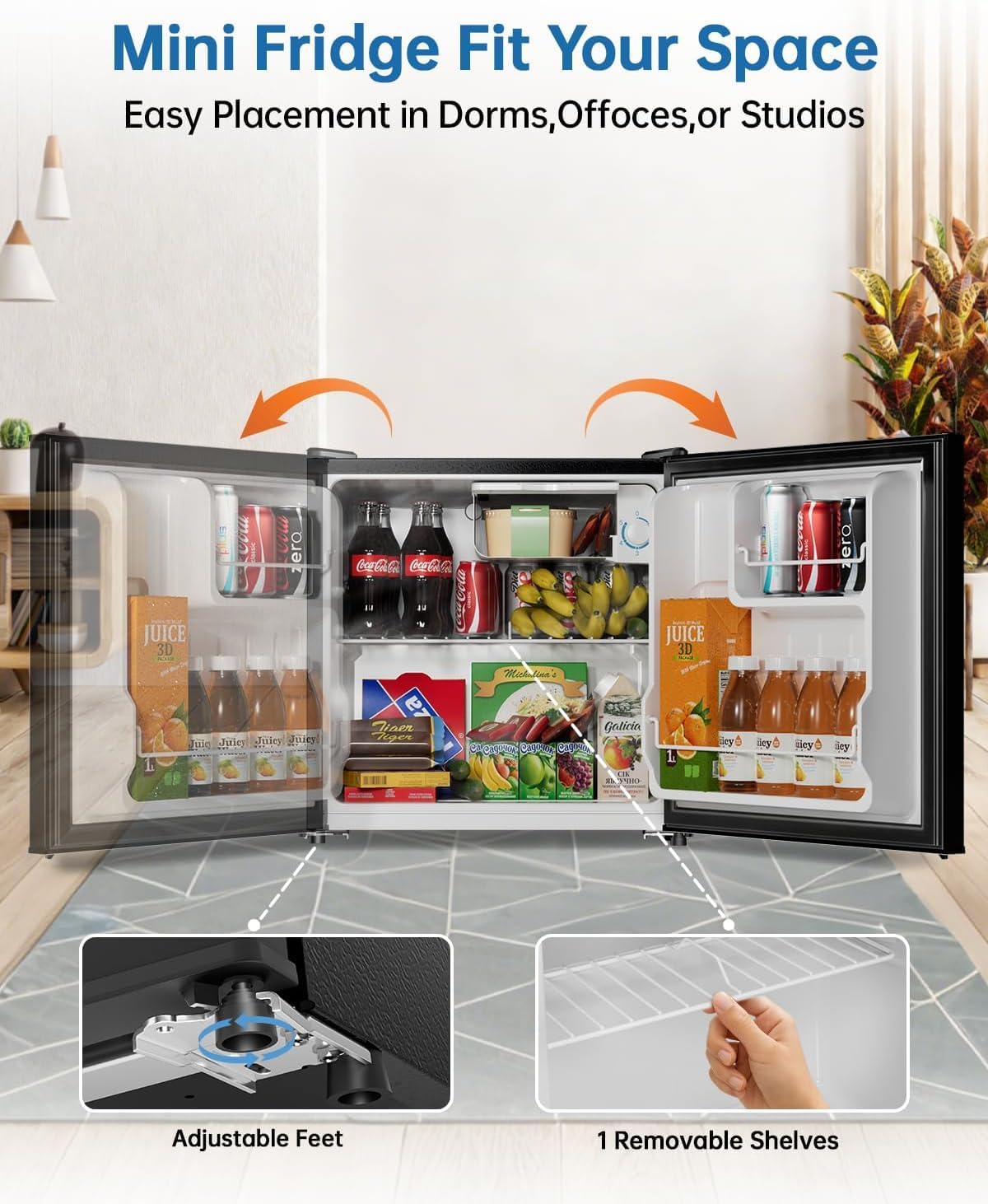 1.6 Cu Ft Mini Fridge with Freezer - 32dB Ultra Quiet Upright Freezer for Bedroom, Office & Dorm | Small Fridge, Adjustable Thermostat, Reversible Door, ETL Certified