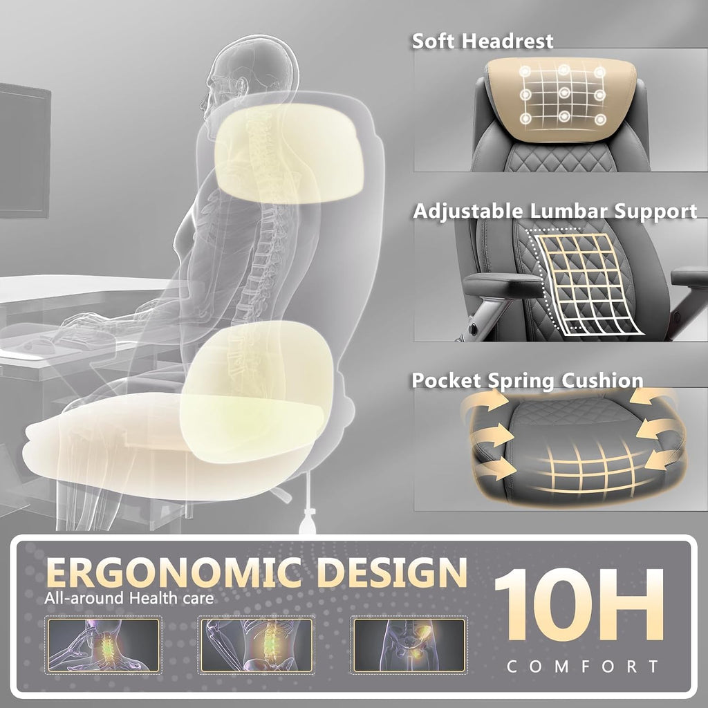 650LBS Large Heavy Duty Office Chair with 5D Flip Arms,Comfy Big and Tall Executive Office Desk Chair with Pocket Spring Cushion,High Back Computer Chair with Lumbar Support,Dual Rubber Wheel
