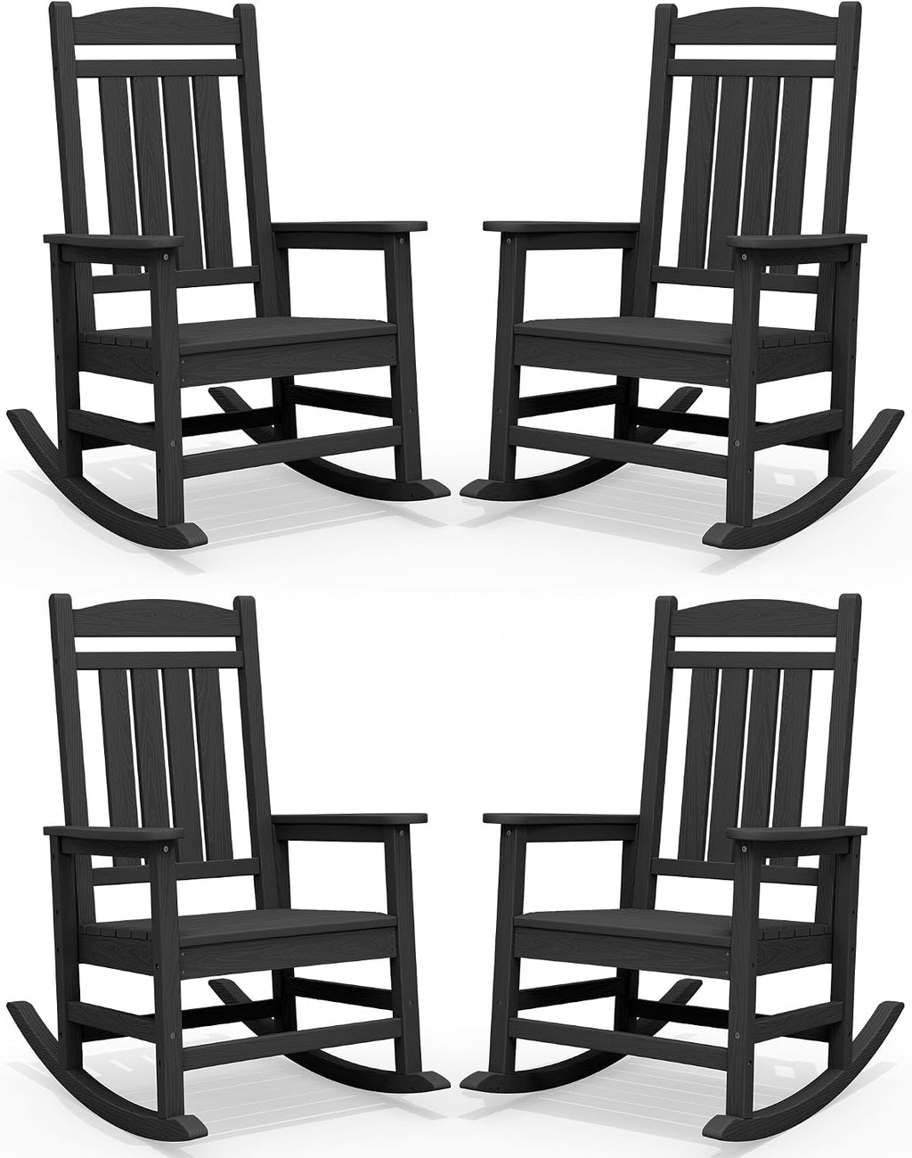 SERWALL Oversized HDPE Outdoor Rocking Chair Set of 4, Patio Rocking Chairs, All-Weather Porch Rockers for Adults, Black