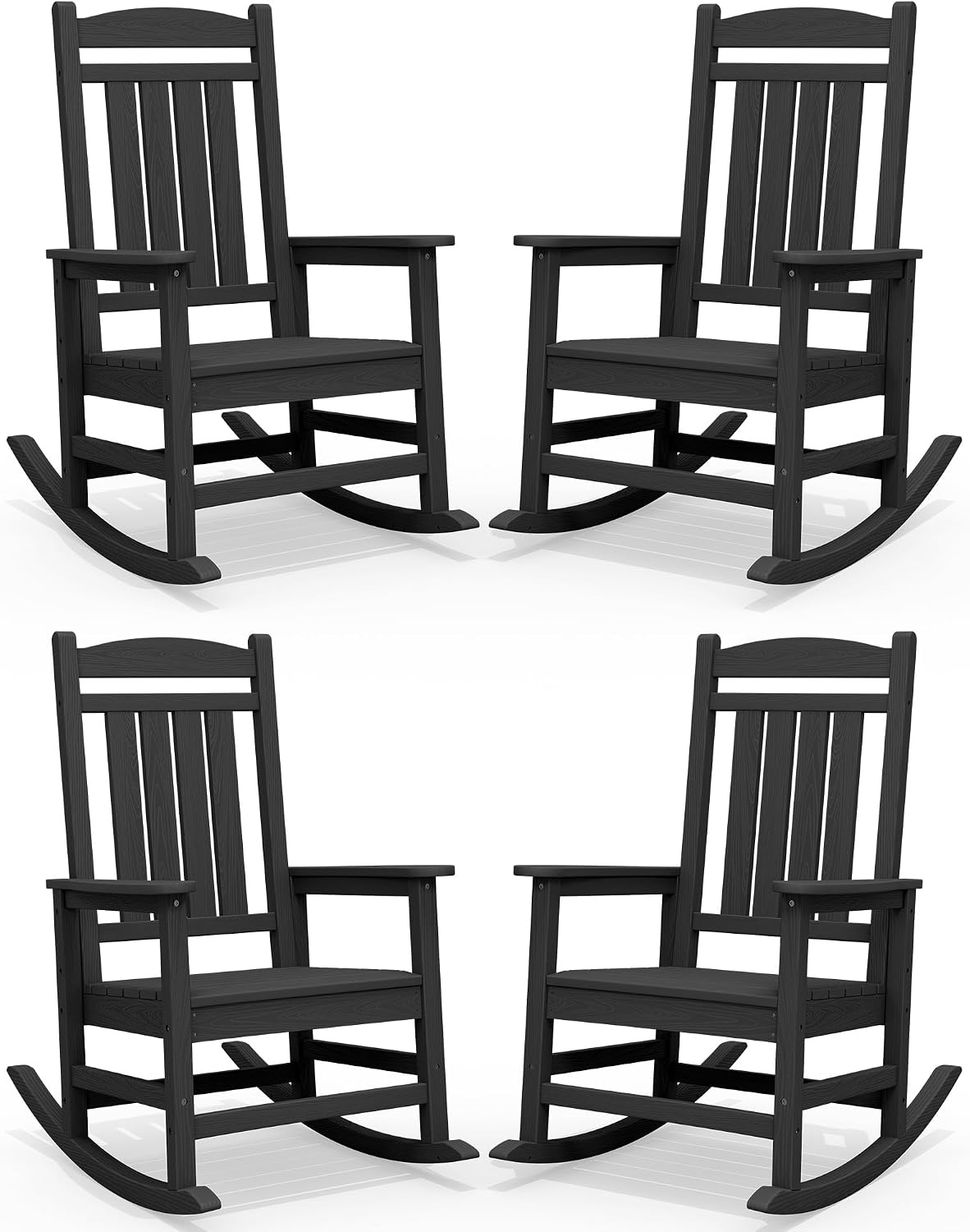 SERWALL Oversized HDPE Outdoor Rocking Chair Set of 4, Patio Rocking Chairs, All-Weather Porch Rockers for Adults, Black