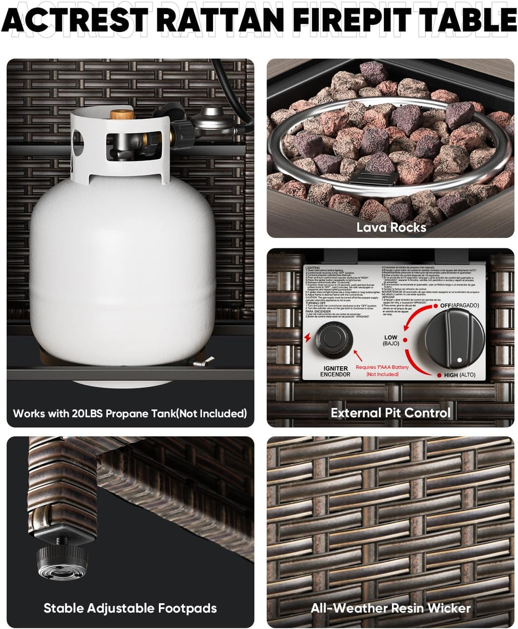 Outdoor Patio Swivel Gliders with Fire Pit Table 5 Piece Set - High Back Brown Wicker Rattan Rocking Chair with Thick Cushion for Porch Apartment Deck Yard Poolside Garden - Grey