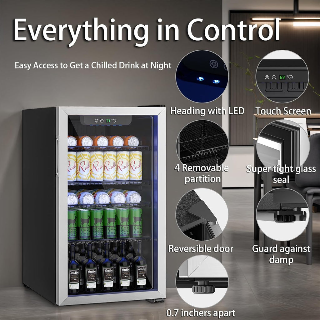 3.2 Cu.Ft Mini Fridge for 126 Cans, Small Refrigerator with Clear View Door and Adjustable Shelves, Quiet Beverage and Wine Fridge for Bedroom, Dorm, Office, Compact Drink Fridge for Storage