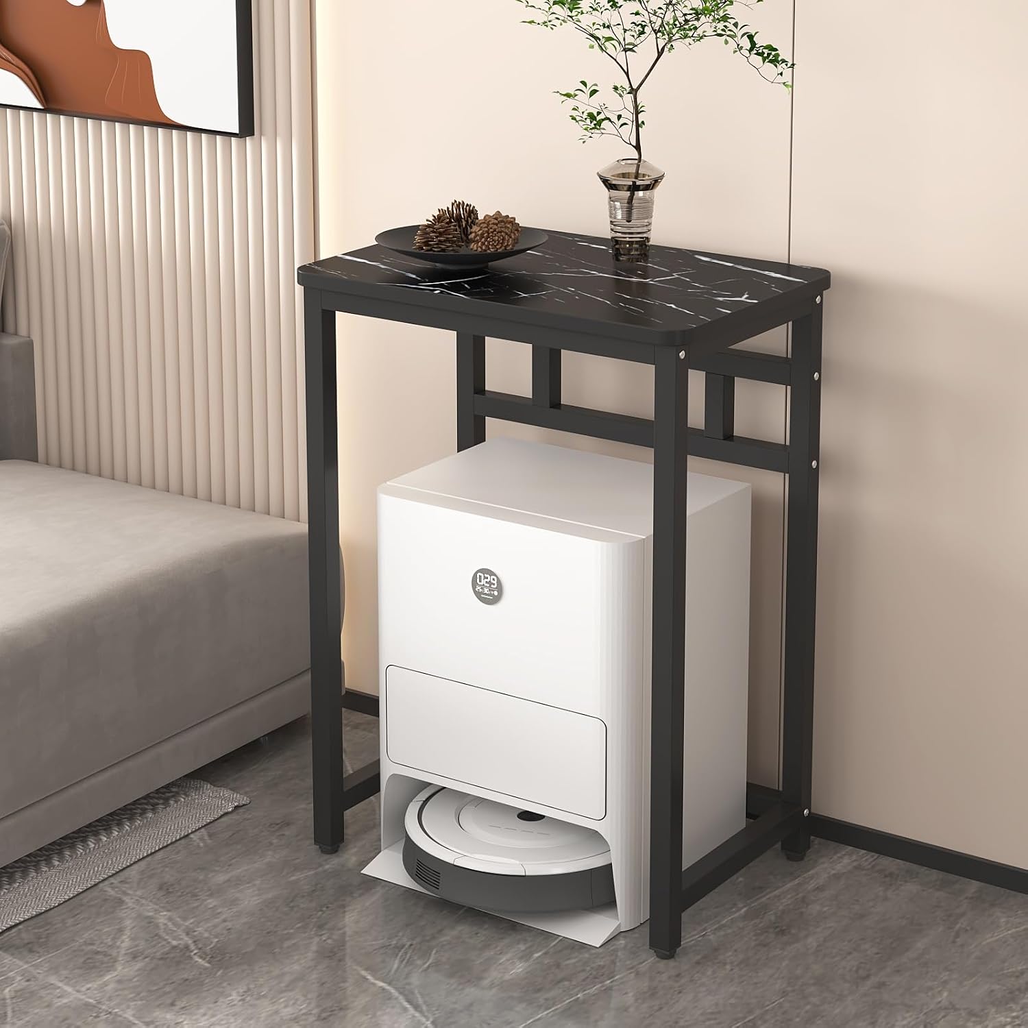 HARELA Sweeping Robot Storage Rack, Robot Vacuum Stand Cabinet with Open Base Self-Emptying Sweeper Machine Cabinet, Side Table for Living Room, Home Office(Black C,55x53cm/21.7x20.9in)