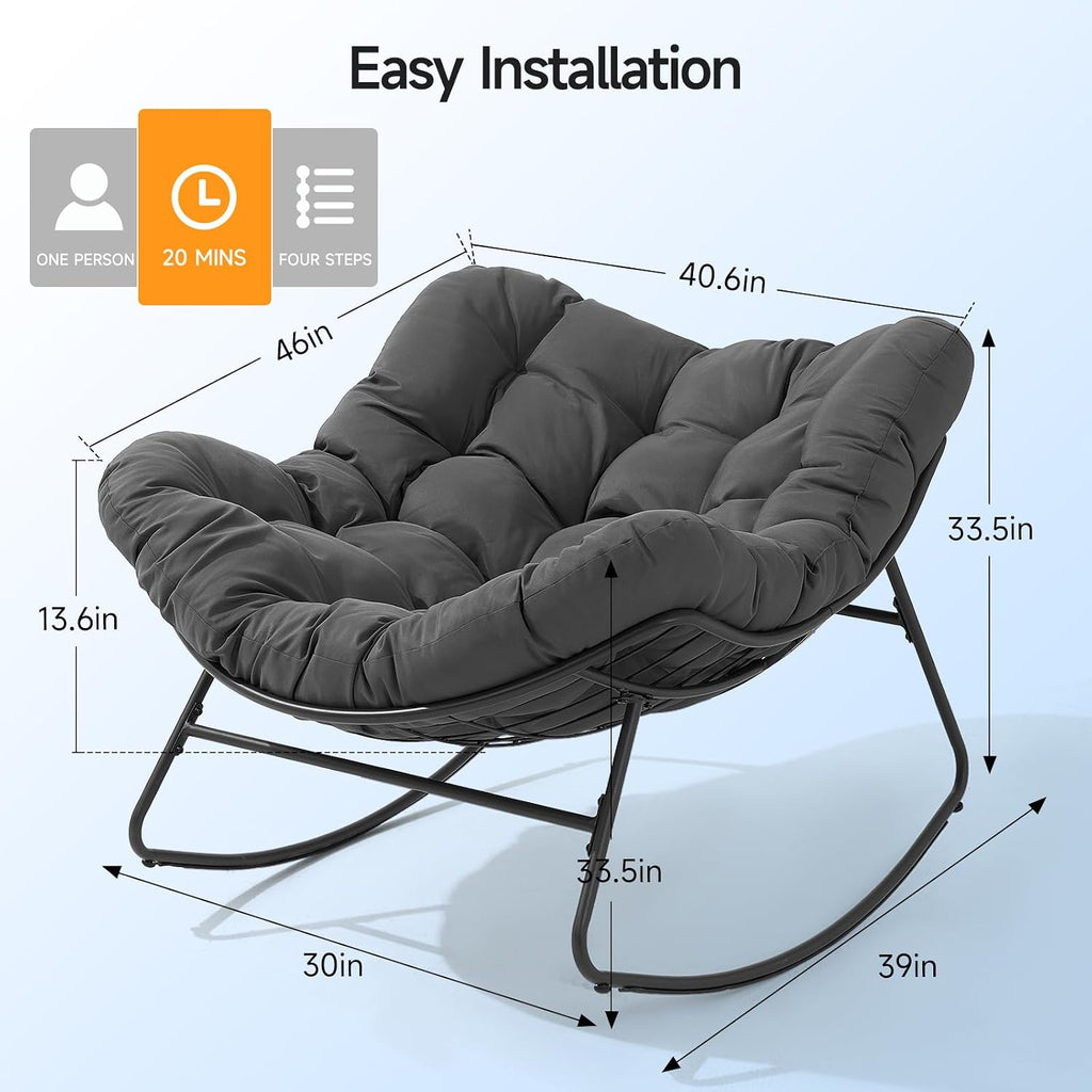 Outdoor Papasan Rocking Chair, 450 lbs Oversized Comfy Patio Chair with Thickened Cushion, Indoor Egg Rocking Lounge Chairs, Rocker Chairs for Patio Porch Garden Living Room Bedroom, Dark Gray