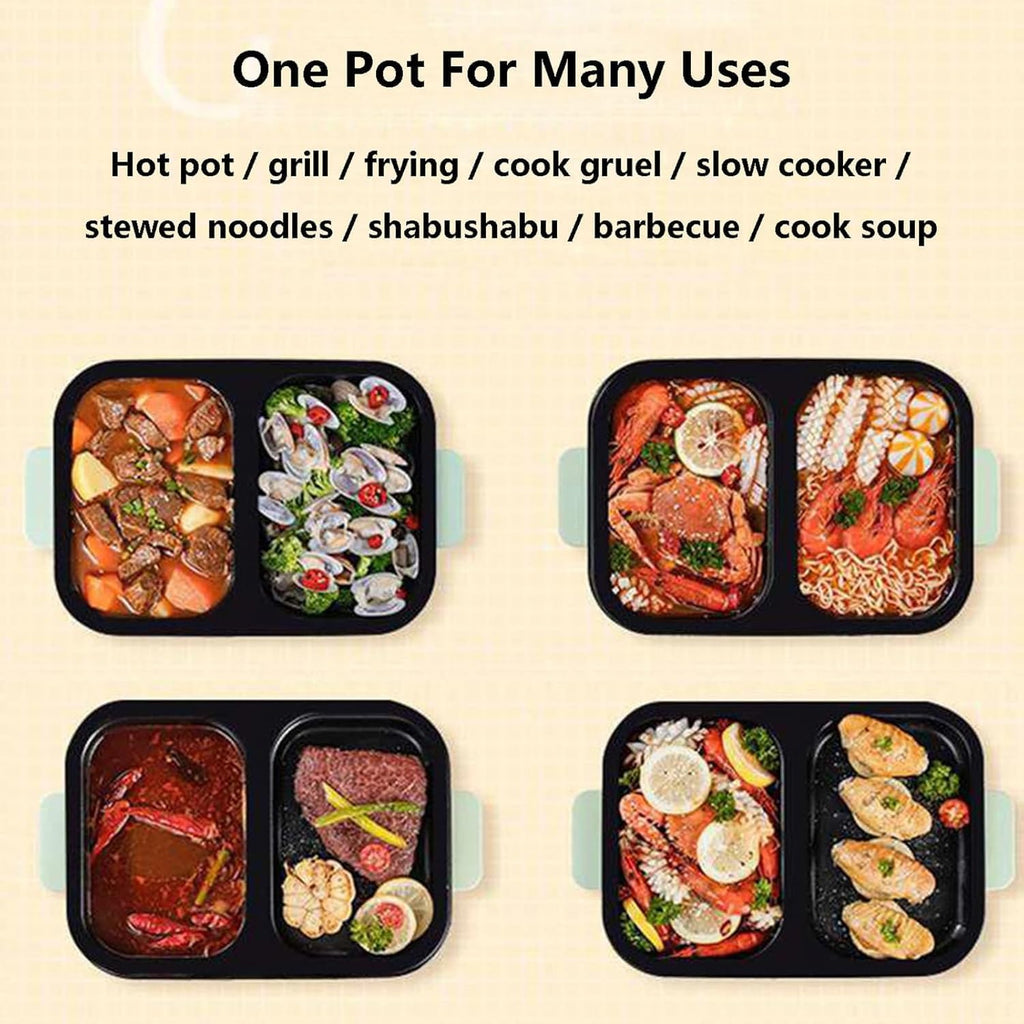 2-in-1 Electric Grill for BBQ and Hotpot, Nonstick Electric Frying Pans 1300w Shabu Pot BBQ Plate with Double Disc Design, One Pan for Grilling, Barbecue, with 4 Plates