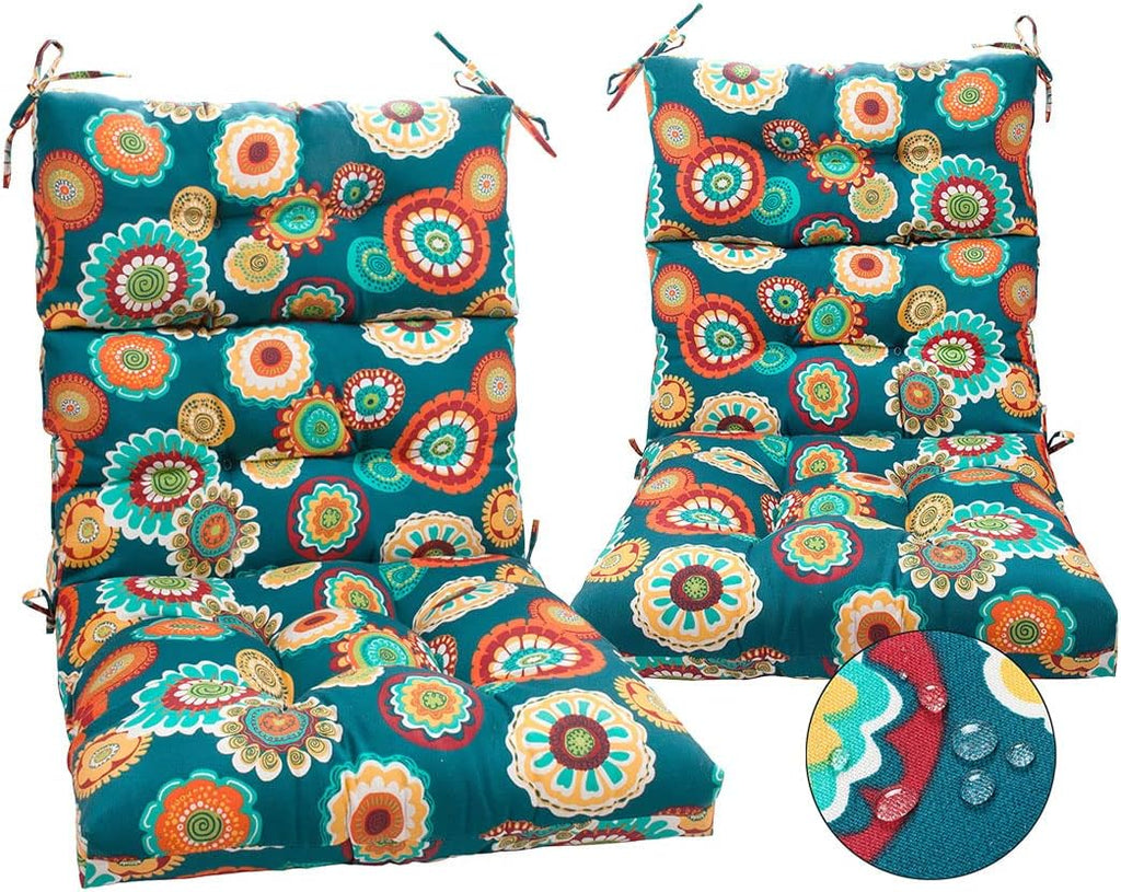 Magpie Fabrics Indoor Outdoor Tufted High Back Chair Cushion Set of 2, Waterproof All-Weather Deep Seating Rocking Chair Patio Chaise Lounge Sun Lounger Chair Cushions(Floral Green)