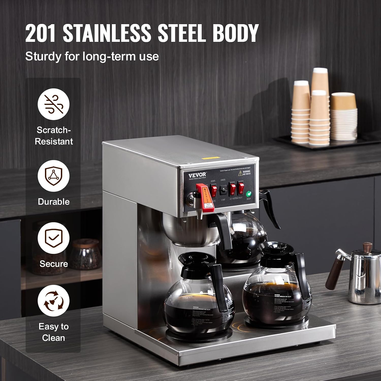 VEVOR 12 Cups Commercial Drip Coffee Maker, Coffee Maker Machine with 3 Glass Carafes and 3 Warmer Plates, Stainless Steel Pour Over Coffee Brewer with Auto Water Intake, for Restaurant Office Cafe