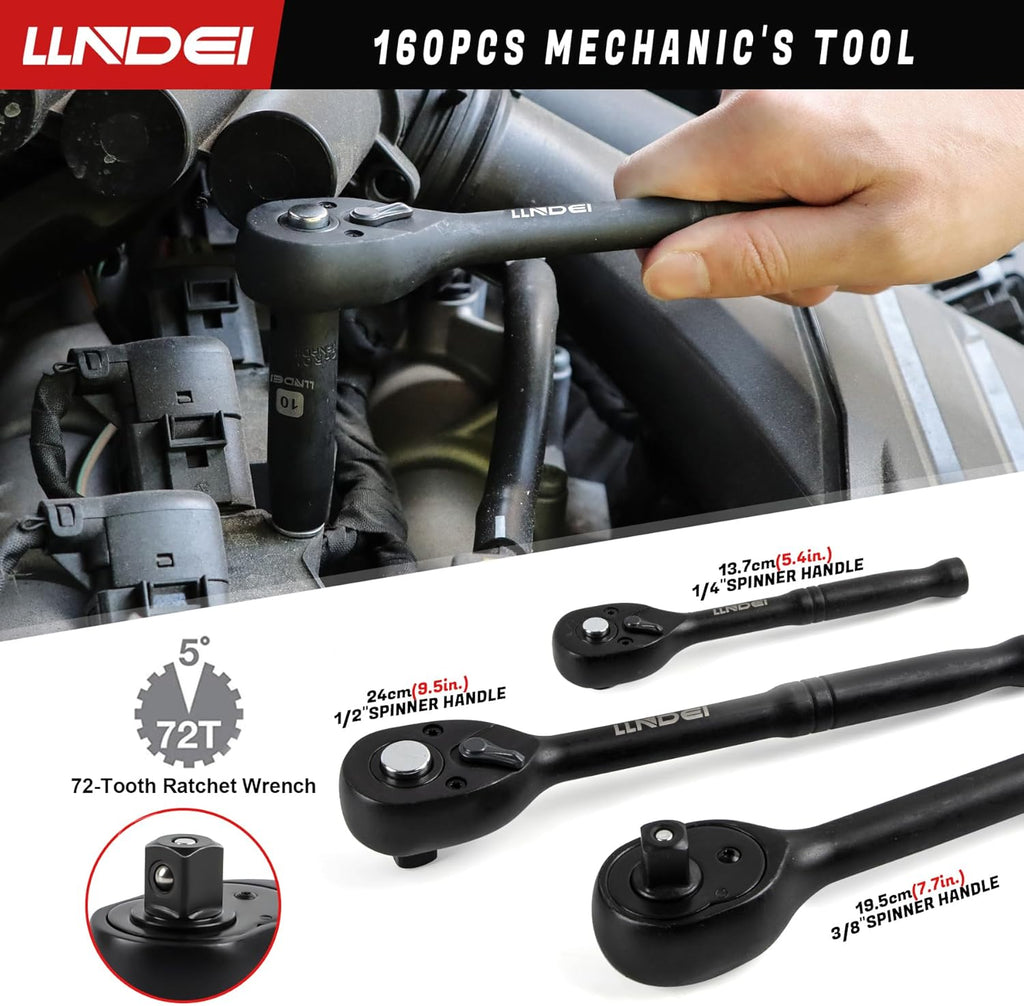 LLNDEI 160-Piece Mechanics Tool Set, Metric Socket Set 1/2 1/4 3/8 inch Drive Professional Tool Kit, CR-V Deep & Shallow Kit with Quick Release Ratchet