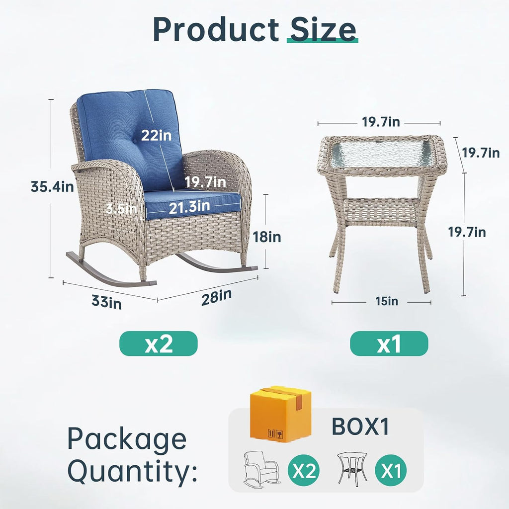 Patio Rocking Chair - 3 Peices Outdoor Wicker Rocker Porch Chair Set with Tempered Glass Side Table, 300 Lb Weight Capacity Rattan Seating for Balcony Garden - Light Beige/Blue