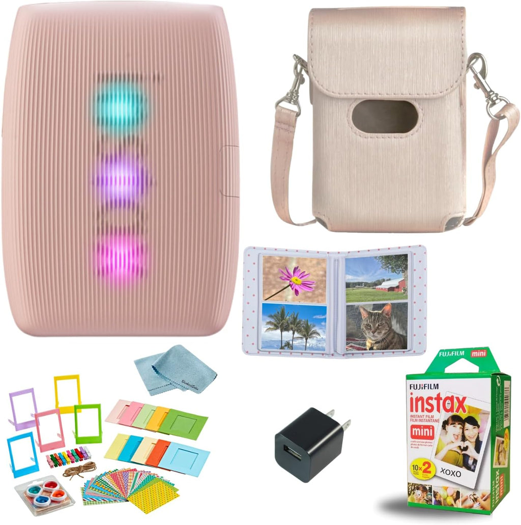 Fujifilm INSTAX Mini Link 3 Smartphone Printer + INSTAX Mini Instant Film (20 Sheets) + USB Wall Charger + BluebirdSales Travel Bag, Photo Album, Microfiber Cleaning Cloth (Rose Pink)