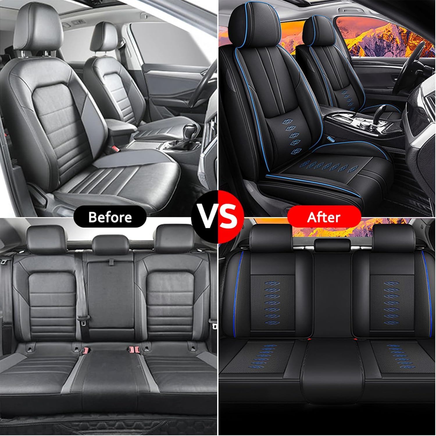 Leather Seat Covers for Jaguar XJ8 2000-2008,Premium Car Seat Covers Full Set,Waterproof Car Seat Protectors with Airbag,Comfort Interior Cover Seats for Cars(Black+Blue)