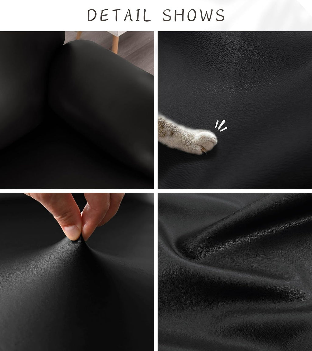 100% Waterproof PU Leather Sofa Slipcovers 8-Pieces Stretch Reclining Couch Covers for 2 Seat Anti-Slip Elastic Strap Furniture Protector for Kids, Pets (Black, 3 Seater)