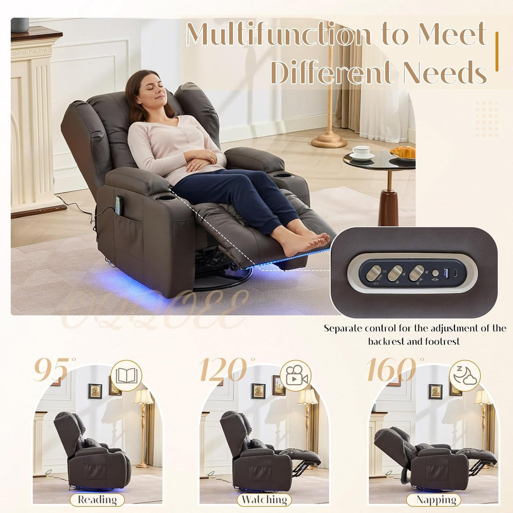 Power Swivel Rocker Recliner Chair with Massage & Heat, Dual Motor Electric Glider Rocking Recliner with USB Ports, Cup Holders & LED Light for Living Room, Home Theater (Brown PU)