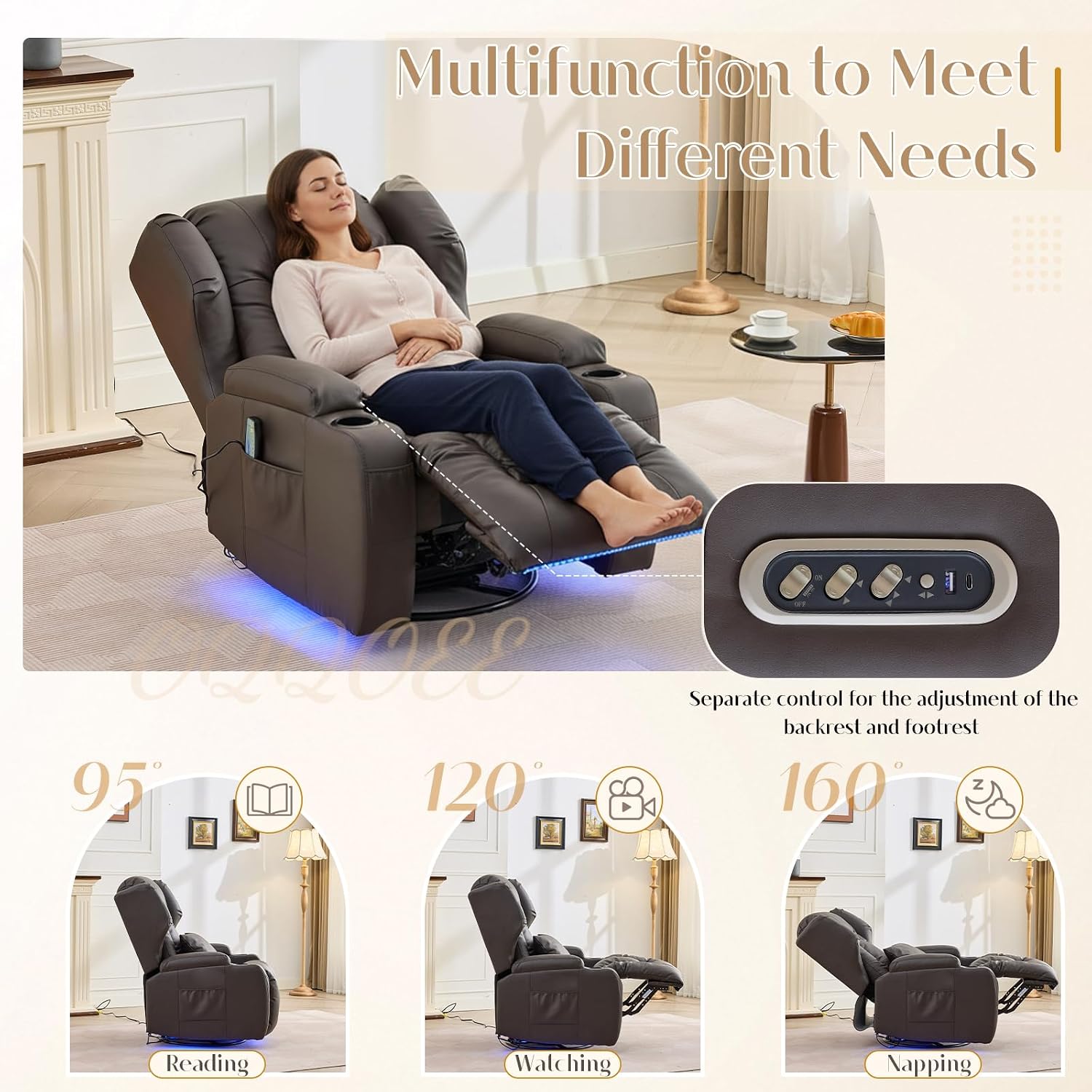 Power Swivel Rocker Recliner Chair with Massage & Heat, Dual Motor Electric Glider Rocking Recliner with USB Ports, Cup Holders & LED Light for Living Room, Home Theater (Brown PU)