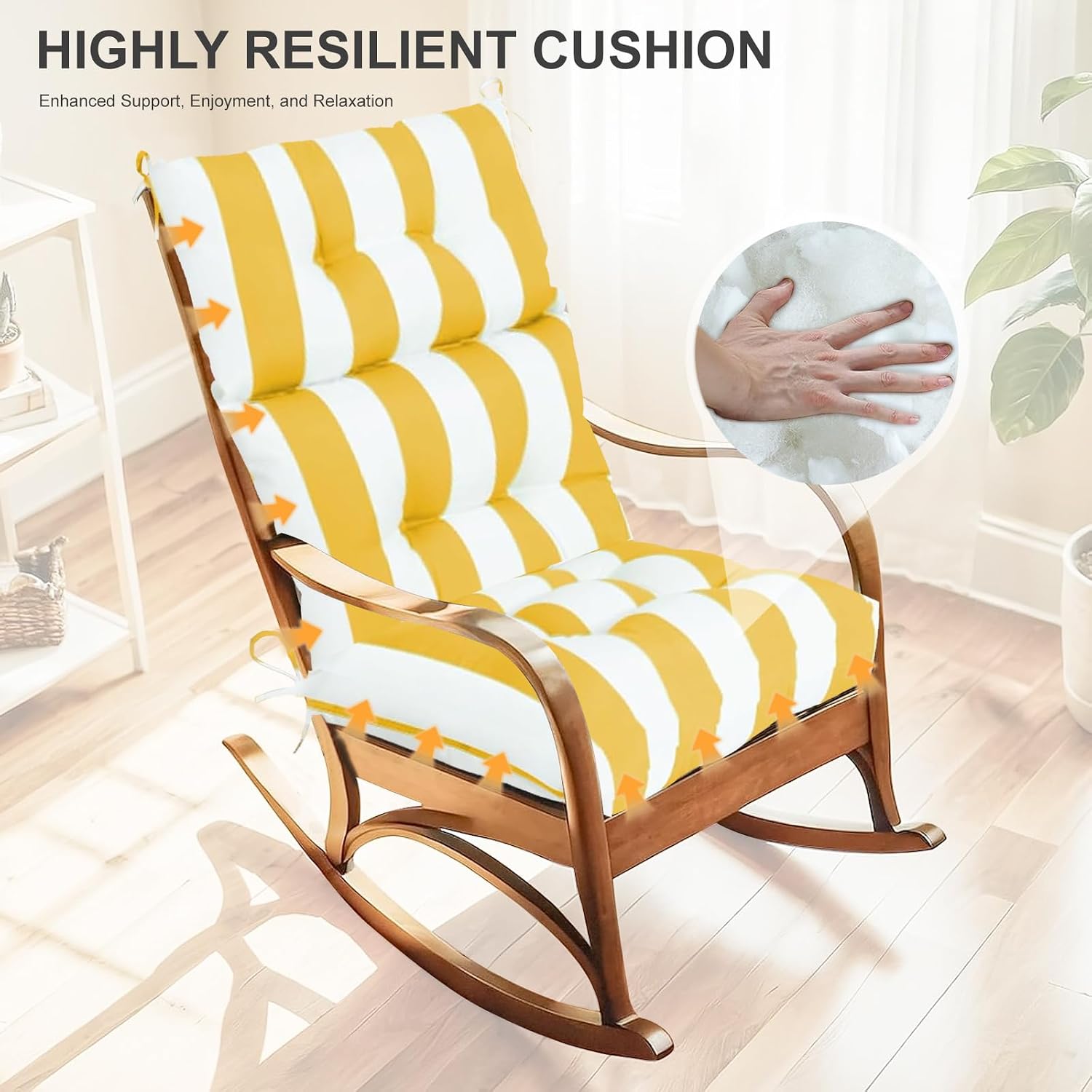 Outdoor High Back Chair Cushions 2-Pack, 44'x22'x 4' Fade-Resistant Waterproof Tufted Pads with Ties for Patio Rocking & Adirondack Chairs (Yellow White)