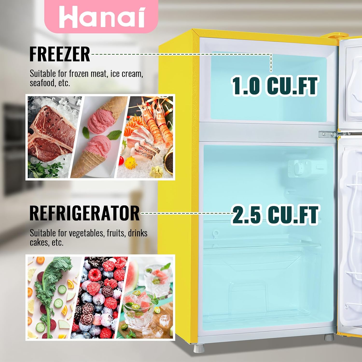 WANAI 3.5 Cu.ft Small Refrigerators Retro Mini Fridge with Freezer Yellow Full-sized Fridge Dual Door Dual Handle Classic Removable Glass Shelves Adjustable Thermostat for Home Office Dorm RV