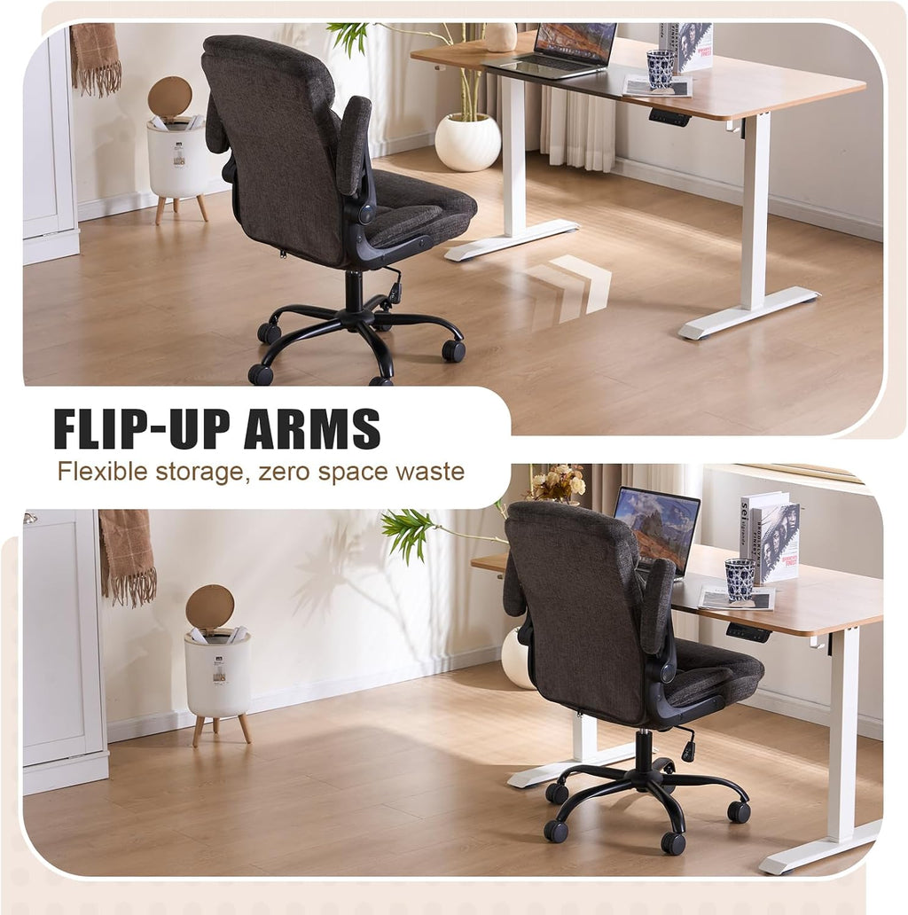 Executive Office Chair, Comfy Fabric Cloth Computer Chair Ergonomic Desk Chairs with Flip-up Armrests, Lumbar Support, 360° Swivel and Rocking Function for Home Office Chairs, Grey