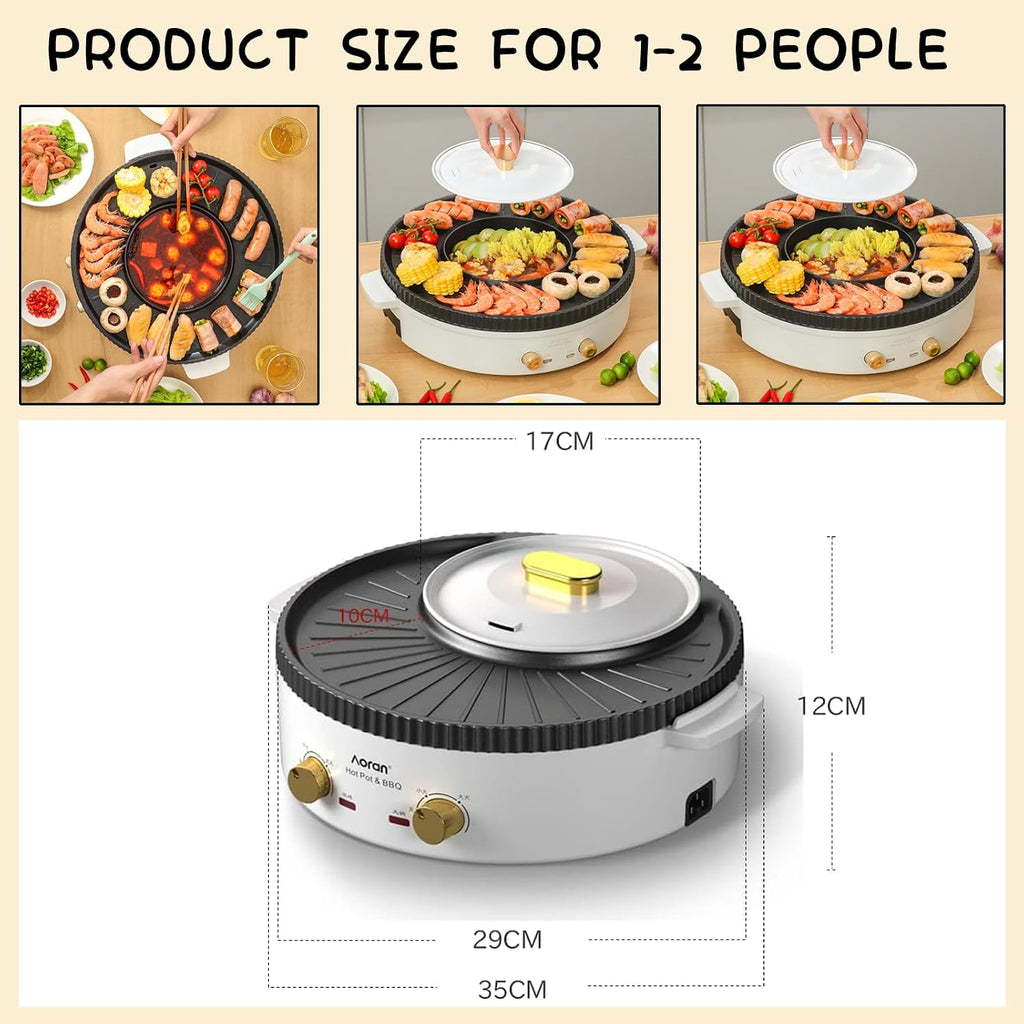 Household Electric Hot Pot with Grill, Teppanyaki Grill Pot and BBQ Pan, Independent Temperature Control, Non-stick Coating, Easy to Clean, For 1-2 People to Enjoy, 1360 W