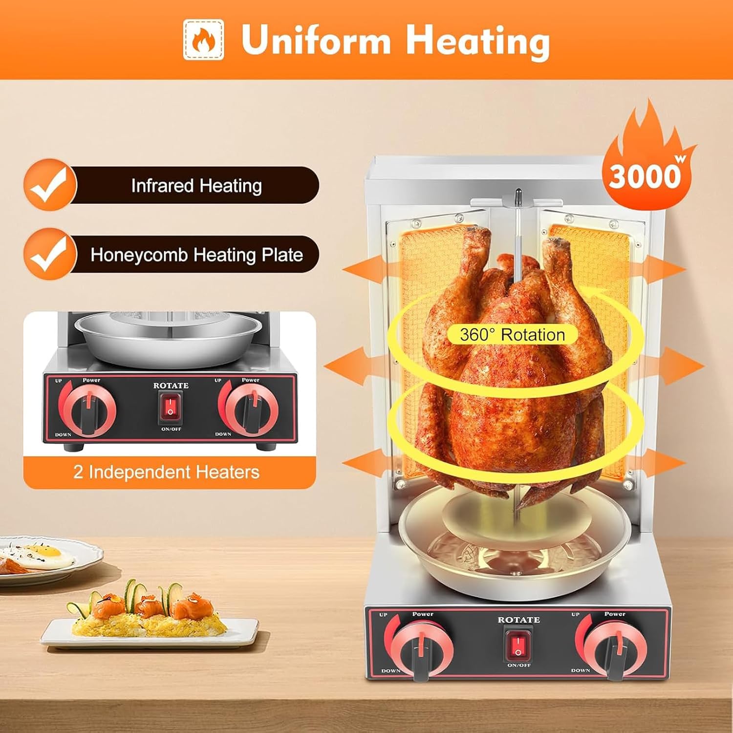 Vertical Grill with Adjustable Timer, with Two Adjustable Heating Tubes, Automatic Rotating Grill Plate, Smokeless Household Grill Plate with Built-in Grease Tray, 360° Rotation