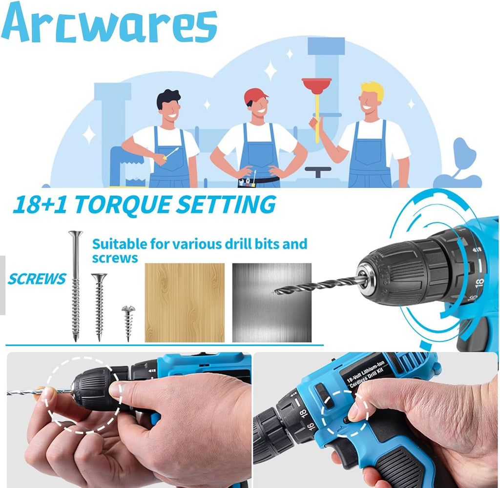 346 Pcs Tool Sets,18V Electric Power Drill Set, Cordless Drill for Men, Household Home DIY Hand Tool Kits,18+1 Clutch Cordless Power Drill Set for Thanksgiving, Christmas,Father's Day (Blue)