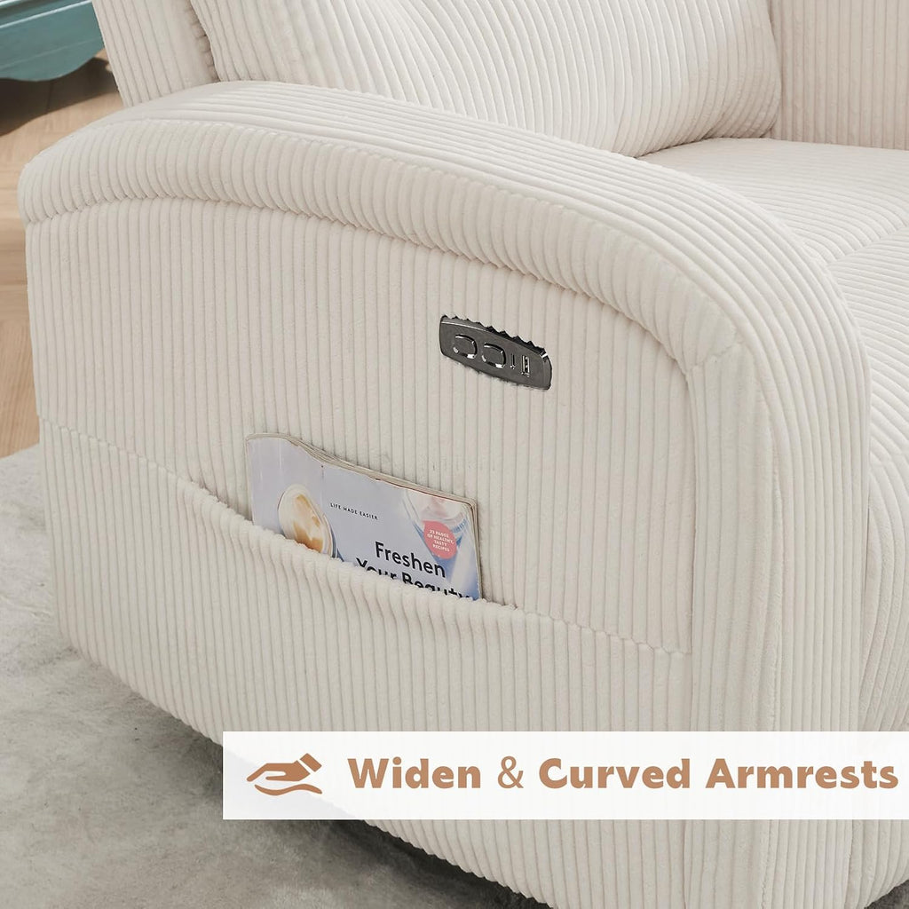 Power Swivel Rocker Recliner Chair for Nursery, Swivel Reclining Rocking Chairs, Electric Glider for Living Room, Upholstered Recliner Chairs for Bedroom, Corduroy White