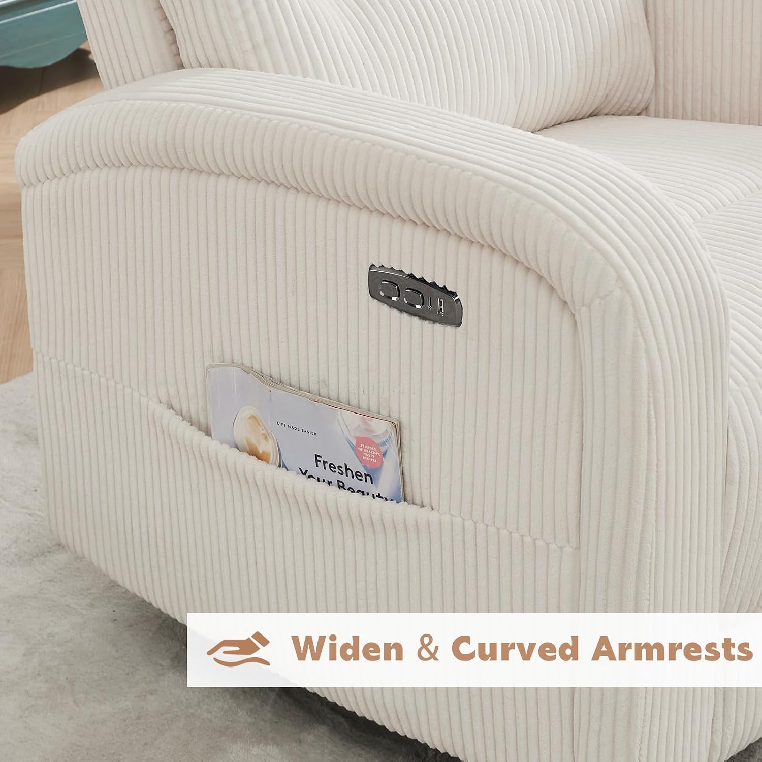 Power Swivel Rocker Recliner Chair for Nursery, Swivel Reclining Rocking Chairs, Electric Glider for Living Room, Upholstered Recliner Chairs for Bedroom, Corduroy White