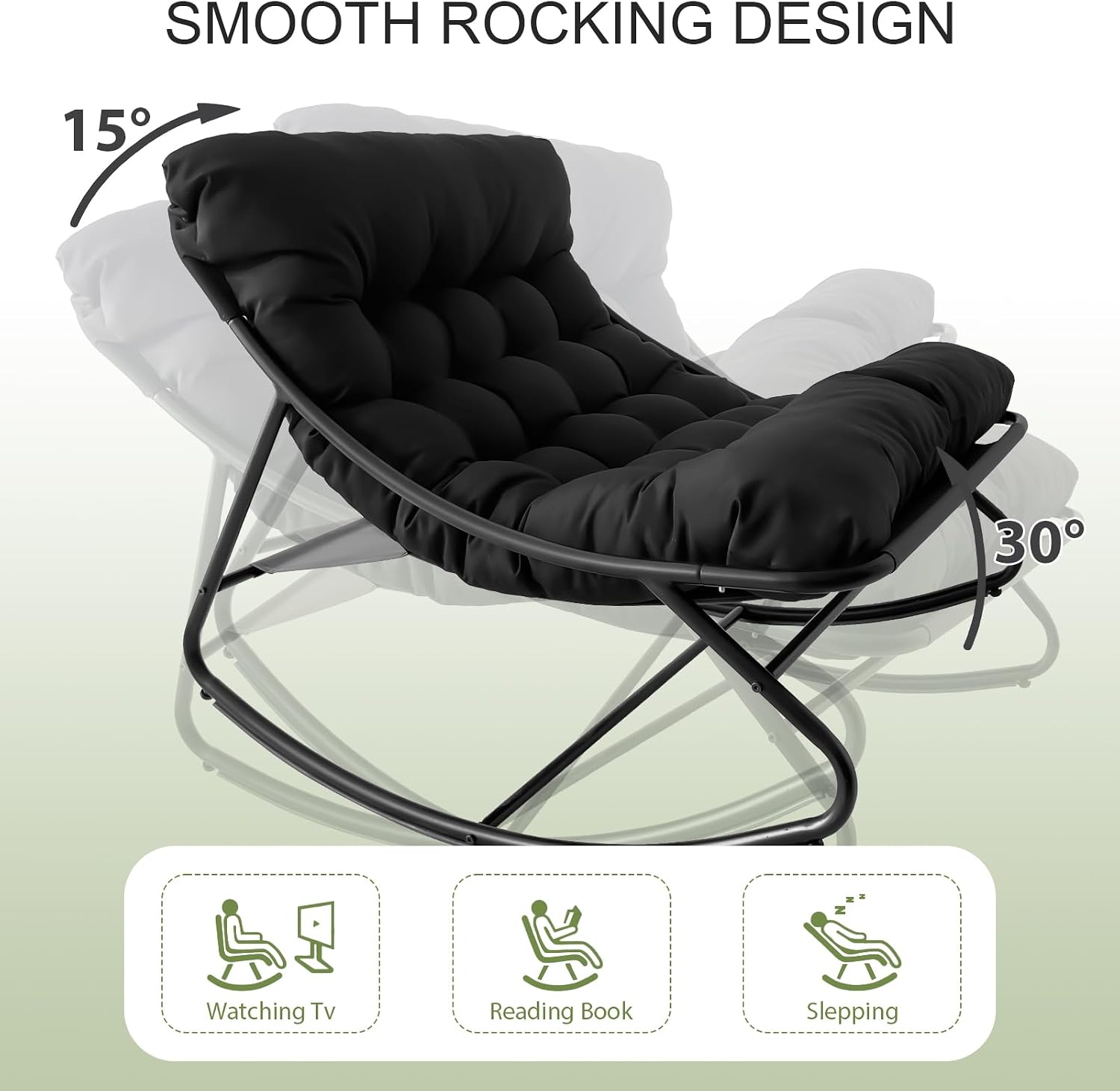 Patio Rocking Chair with Ottoman Outdoor & Indoor, Rocking Chairs Padded with Foot Rest, 330lbs Capacity, Metal Outdoor Rocker for Garden, Deck, Living Room, Bedroom, Balcony (Black)