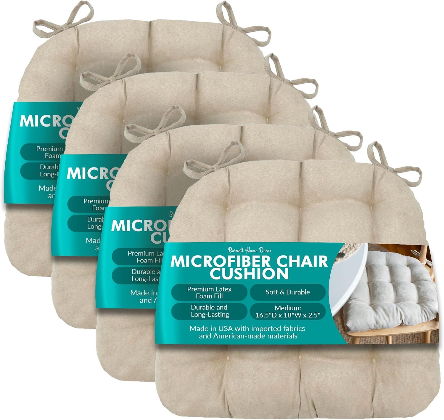 Barnett Home Decor Microsuede Dining Chair Cushions w/Ties, 16.5 x 18 Inches, Pack of 4 – Machine Washable, Reversible with Plush Latex Foam Fill for Comfortable Seating – Chamois Mushroom (Neutral)