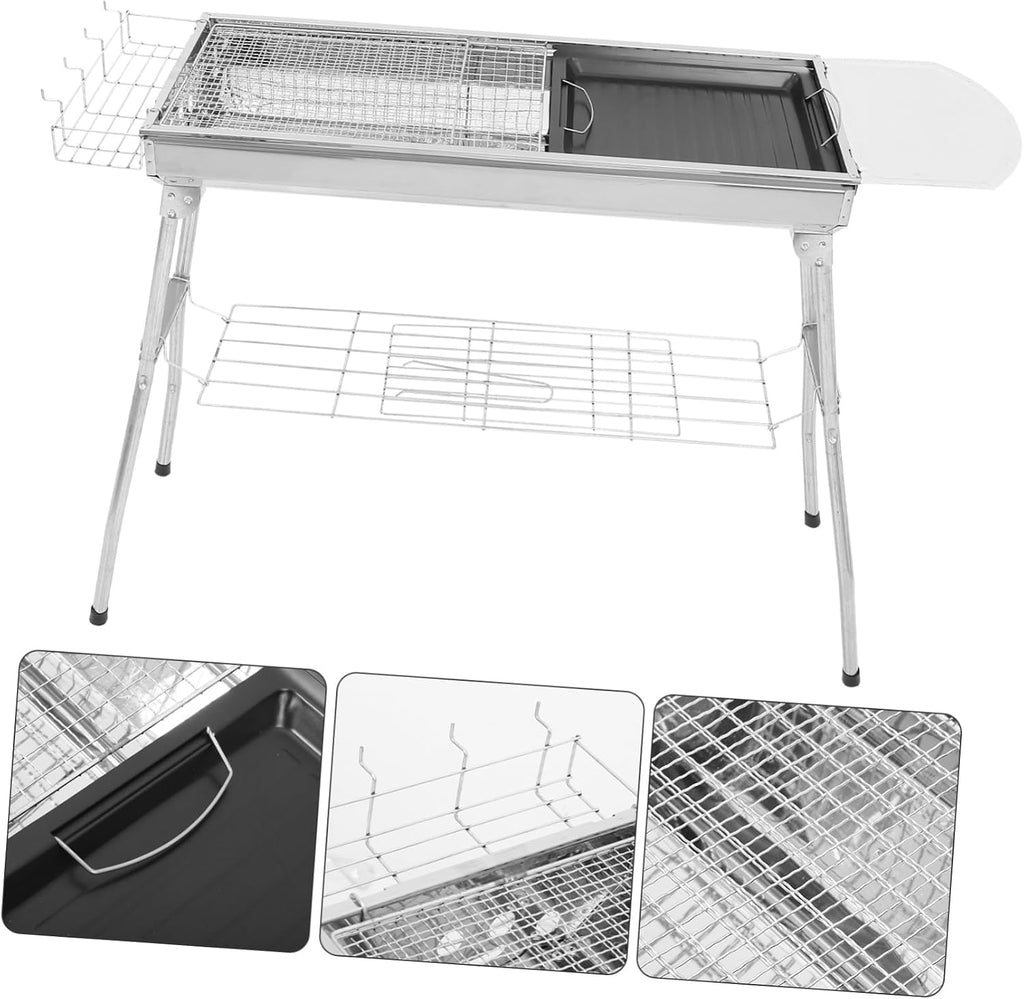 1set Portable Camping Bbq Grill Detachable Barbecue Rack Stainless Steel Construction Includes Frying Pan Fish Net Clip for Outdoor Cooking and Grilling