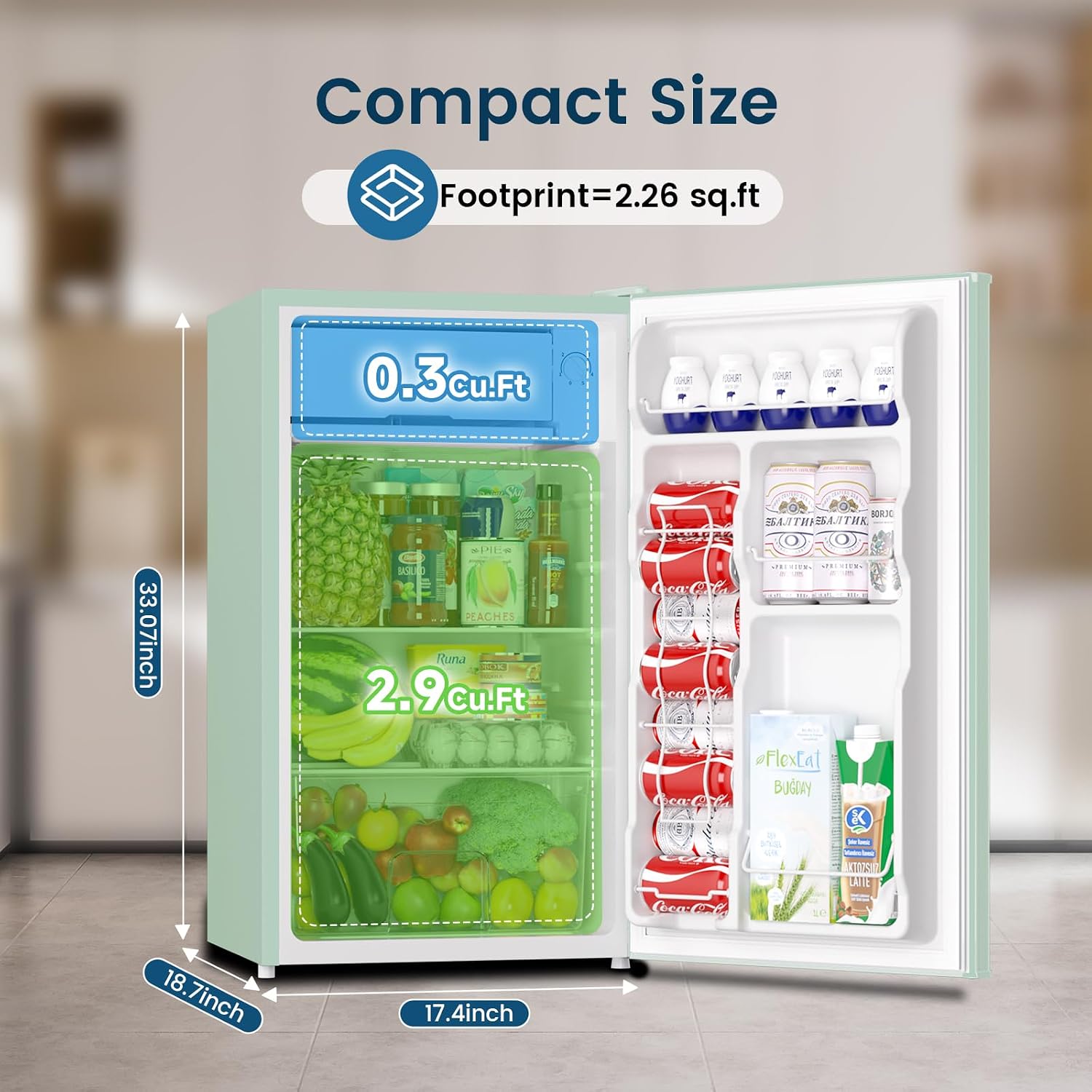 BANGSON Mini Fridge with Freezer, 3.2Cu.Ft, Single Door Small Refrigerator, Energy-efficient, Low Noise, Mini fridge for Bedroom Dorm and Office, Green