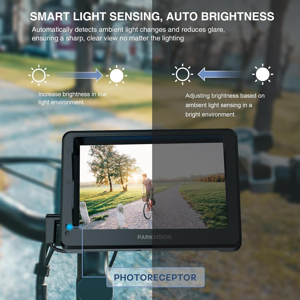 PARKVISION Handlebar Bike Mirror, Bicycle Rear View Zoom Camera with Dust Cover, 4.3'' HD 1080P Monitor, 120°/100°/80°/60° Wide Angle View, 10000mah Battery, Bike Camera for Mountain