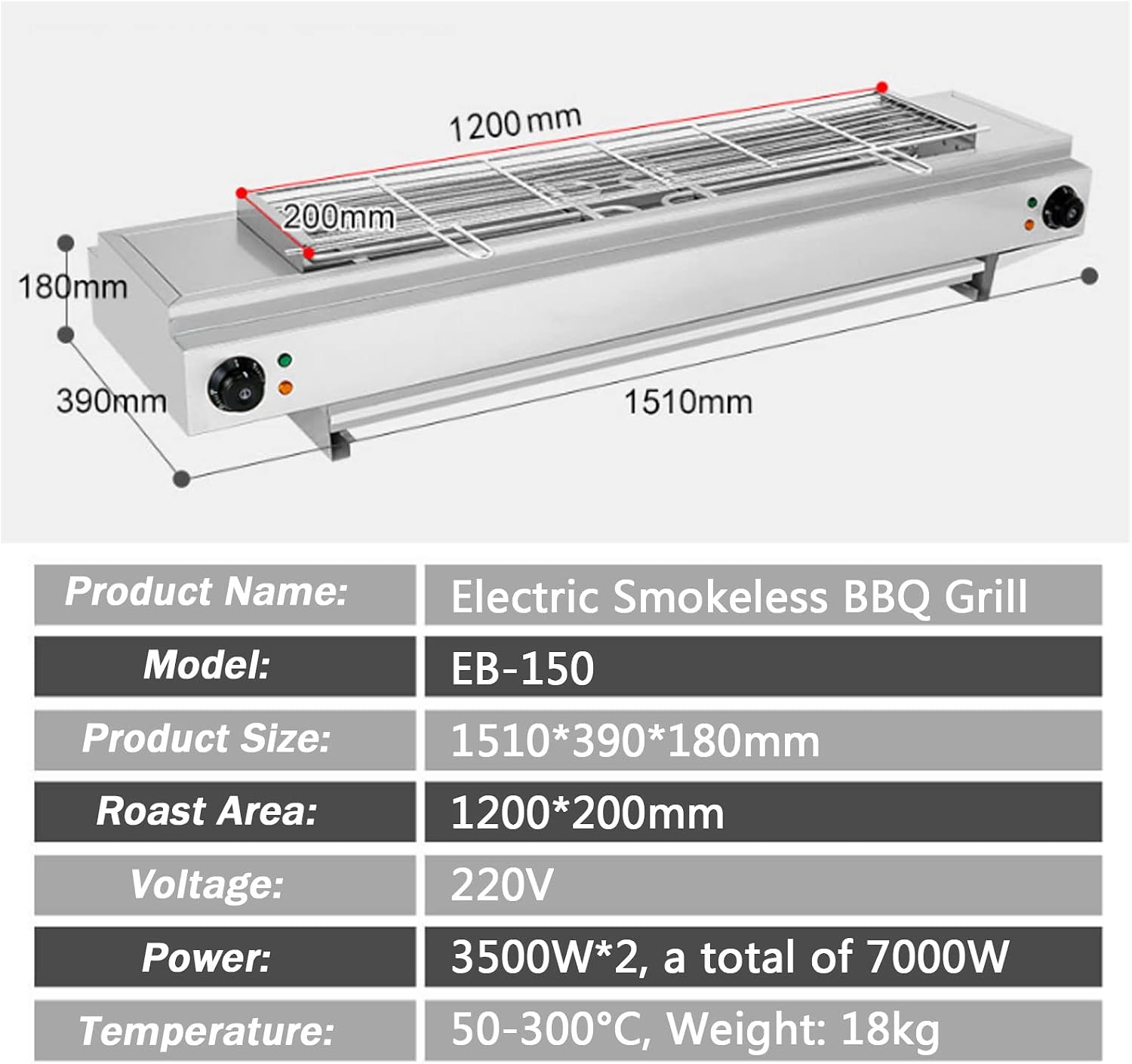 Smokeless Electric Portable BBQ Kebab Grill, Healthy Electric Grill with Adjustable Temperature and Drip Tray, Indoor and Outdoor Tabletop Grill (Eb 150)
