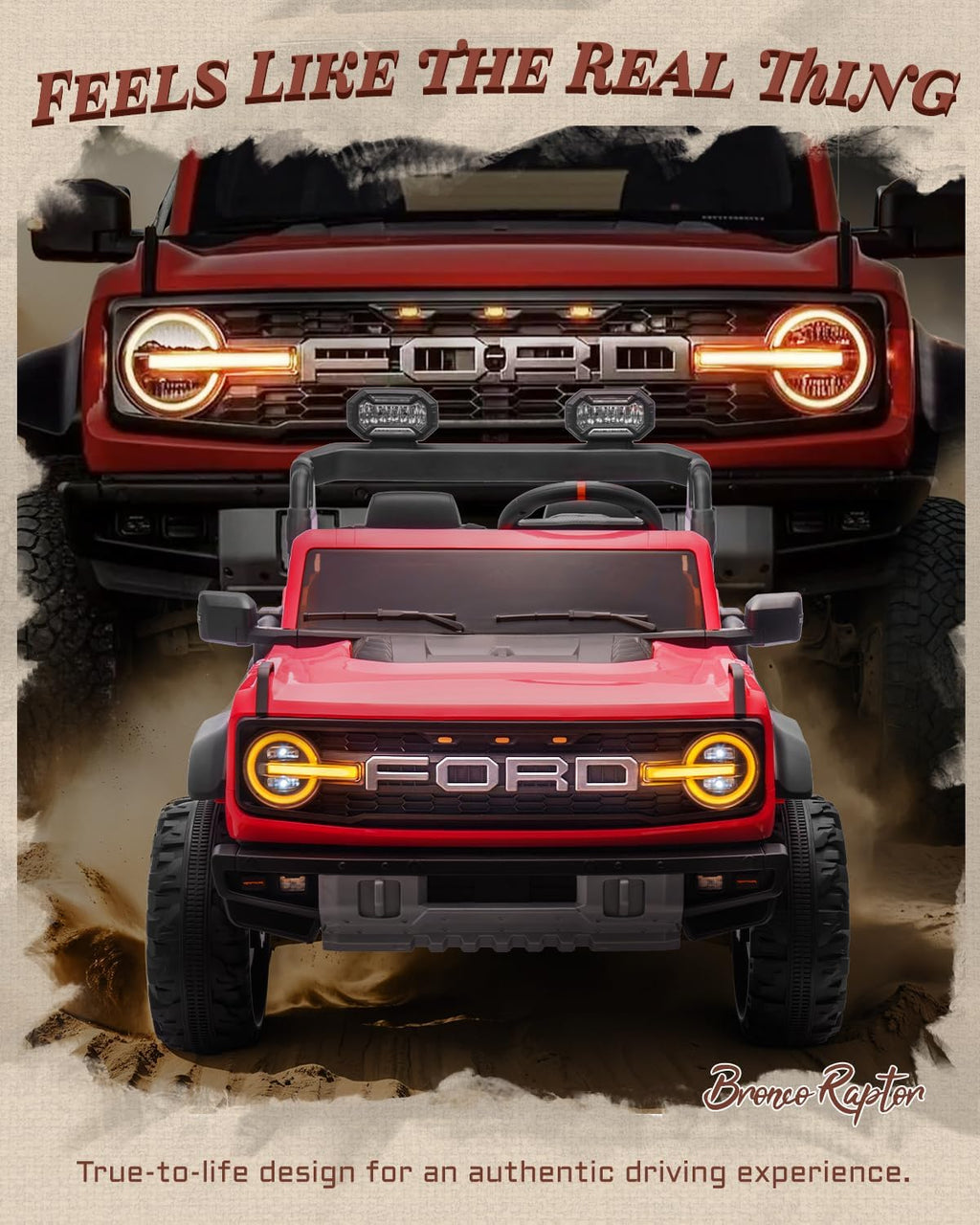 First Ride On Ford Bronco 24V Ride on Toys for Boys & Girls, 2 Seater Kids Electric Car with Remote Control, Kids Ride on Truck with Rear Wheels Suspension, Led Lights, Safety Belt (24V, Red)
