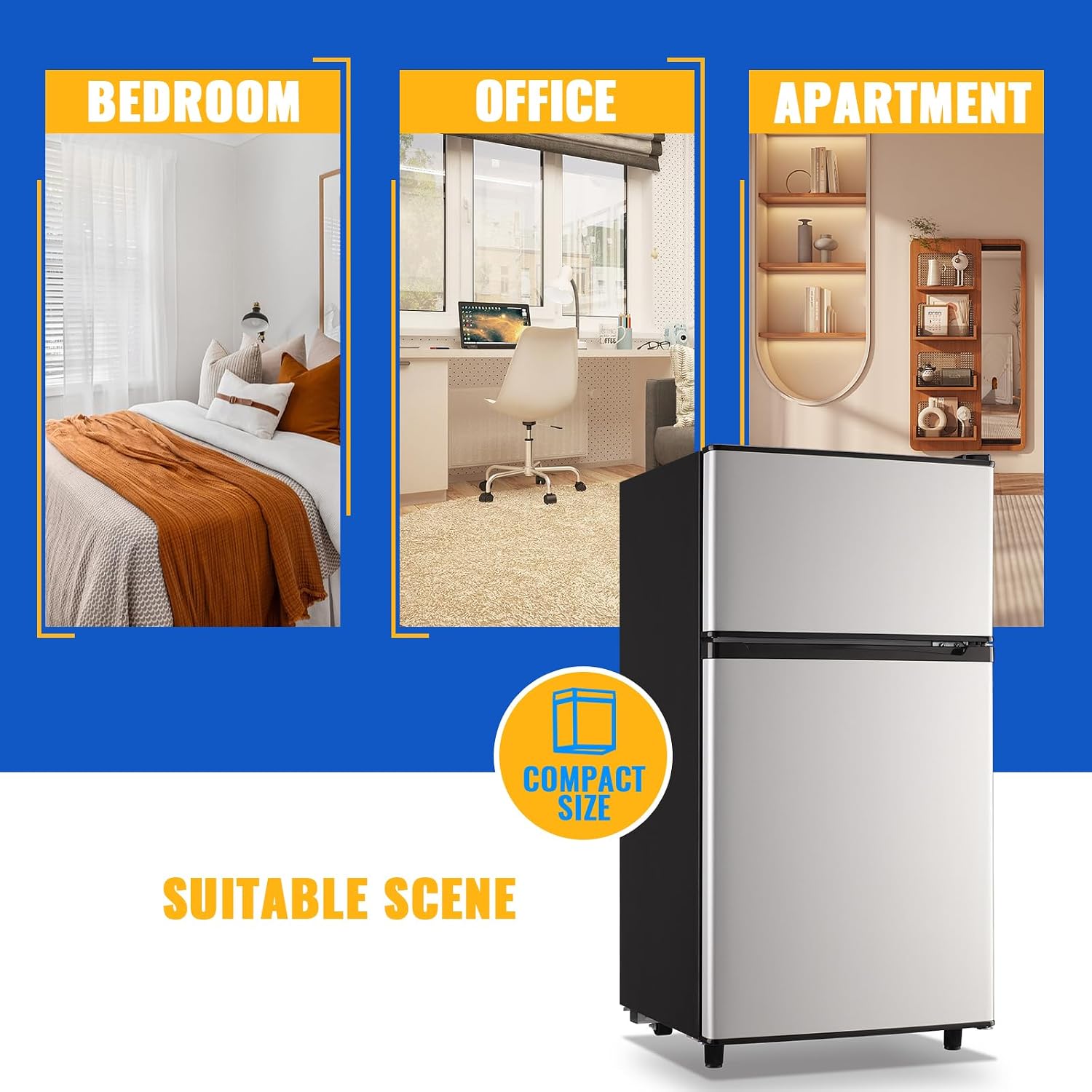 WANAI 100L Mini Fridge with Freezer Compact Refrigerator with Freezer, 7 Level Adjustable Thermostat and 2 Removable Shelves Freestanding Small Refrigerator for Office Dorm Apartment (Silver)