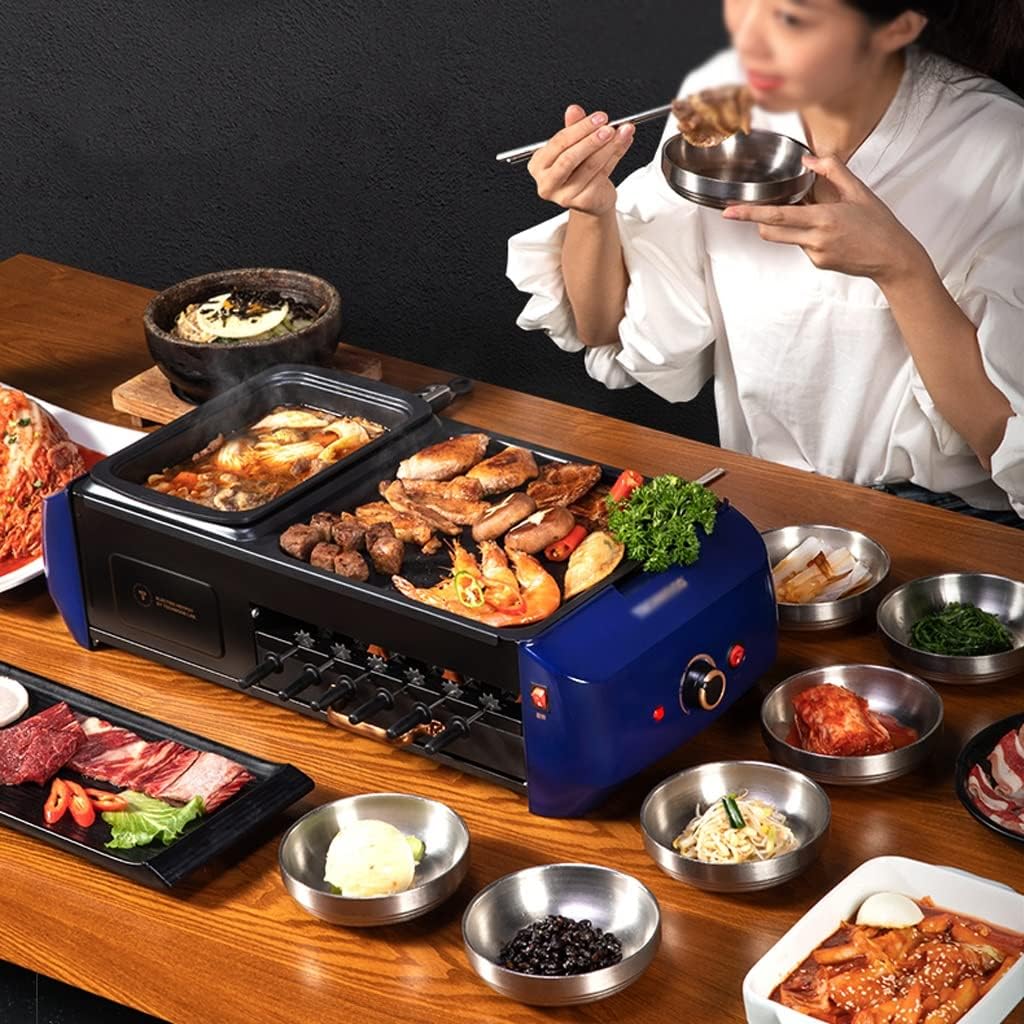 YYDS Hot Pot Smokeless Electric Barbecue Grill Hot Pot Integrated Household Barbecue Pot Automatic Rotation Worry-Free Skewers Electric Grill (Color : Blue)