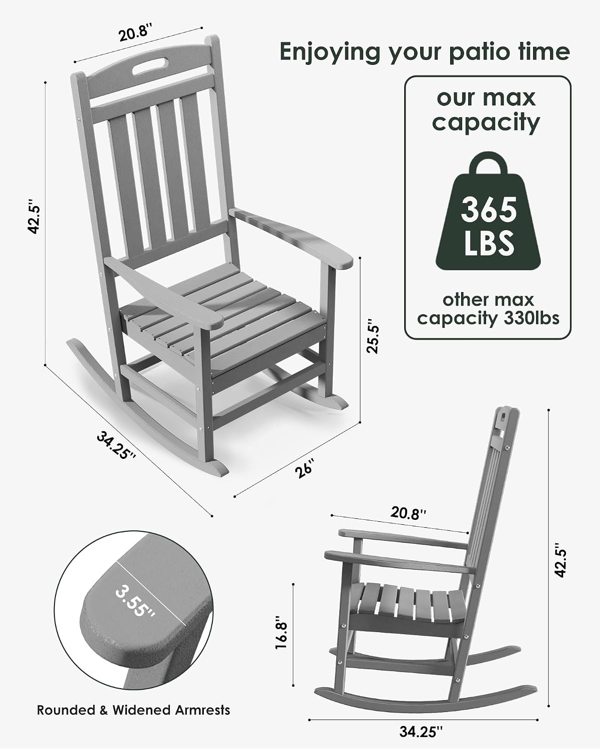 Outdoor Rocking Chair Set of 2, High Back Plastic Patio Rocking Chairs for Outside Porch Rocker Garden Lawn, All-Weather Resistant Poly Lumber Rocker Chair Outdoor, Slate Grey