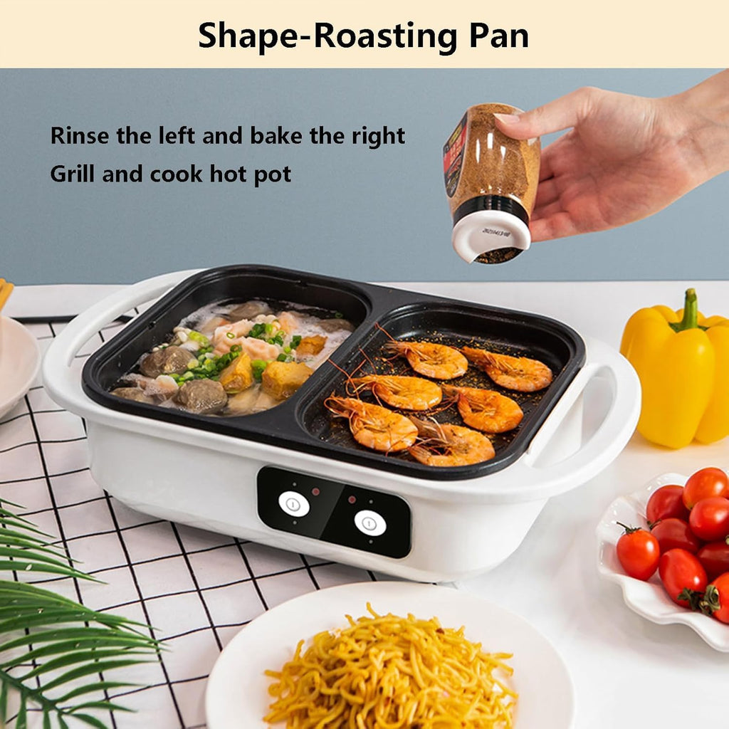 2-in-1 Electric Grill for BBQ and Hotpot, Nonstick Electric Frying Pans 1300w Shabu Pot BBQ Plate with Double Disc Design, One Pan for Grilling, Barbecue, with 4 Plates