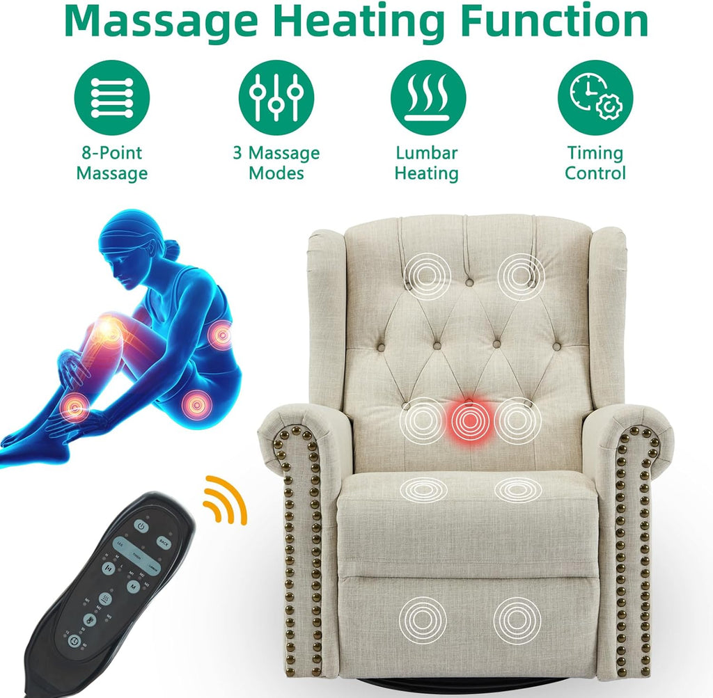 VIVIJASON Power Swivel Rocking Recliner Chair with Massage & Heat, Electric Rocker Nursery Glider Chair, Wingback Tufted Upholstered Recliner W/Type-C & USB Ports for Living Room, Bedroom, Beige