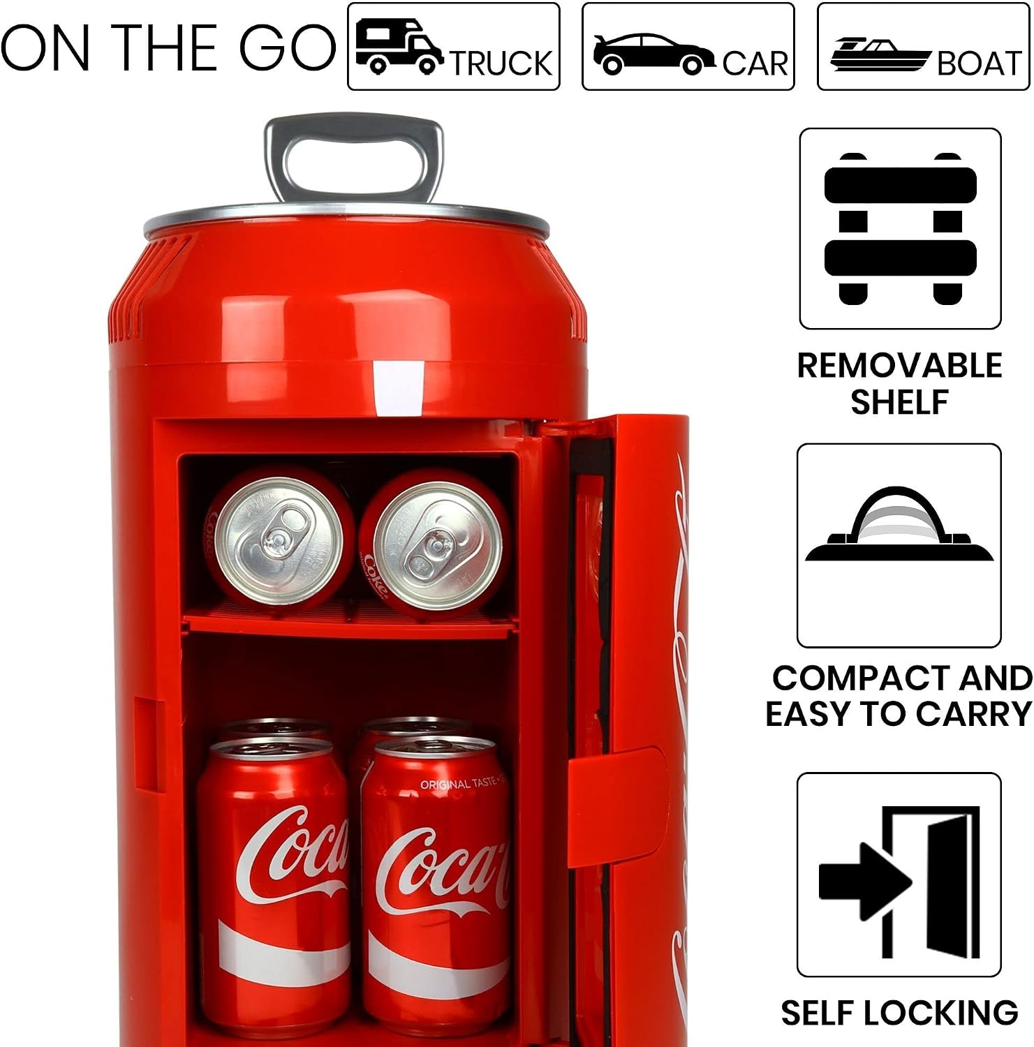 Coca-Cola 8 Can Portable Mini Fridge, 5.4L (5.7 qt) Compact Personal Travel Fridge for Snacks Lunch Drinks Cosmetics, Includes 12V and AC Cords, Cute Desk Accessory for Home Office Dorm Travel, Red