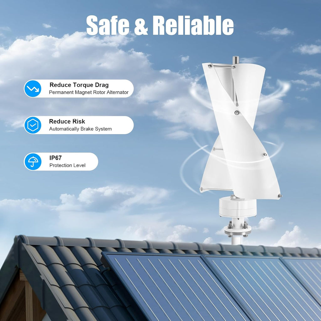 Vertical Axis Windmill Turbine Generator, 100W 12V Wind Turbine, 2 Blades Aluminum Alloy Permanent DN25 Flange IP67 Protection Magnet Generator Electromagnetism Controller, White