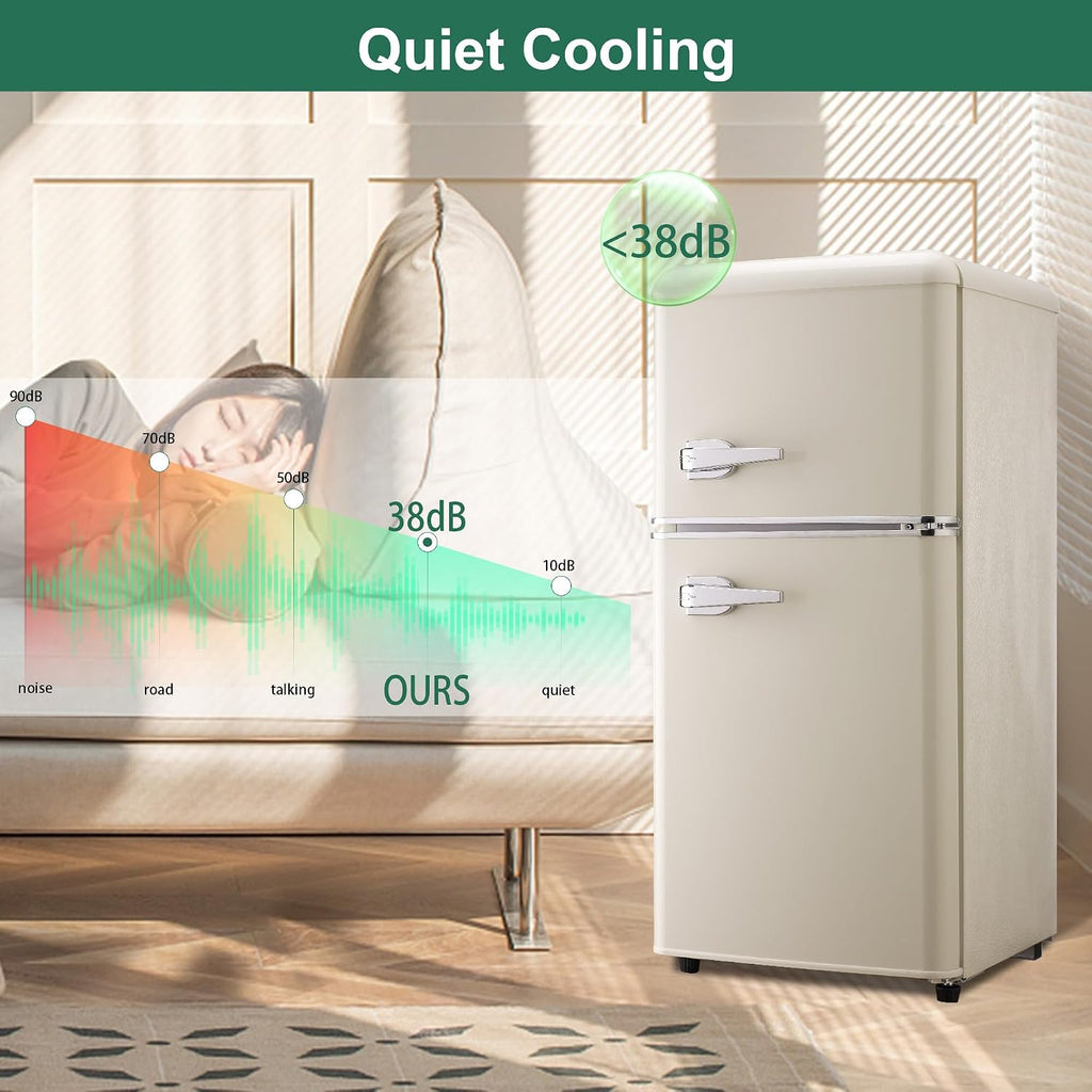 Retro Mini Fridge with Freezer 4.0 Cu. Ft, Small Refrigerator with 7 Level Adjustable Thermostat, Compact Classic Dual Door Fridge Removable Glass Shelves for Apartments, Dorm, Office, Cream