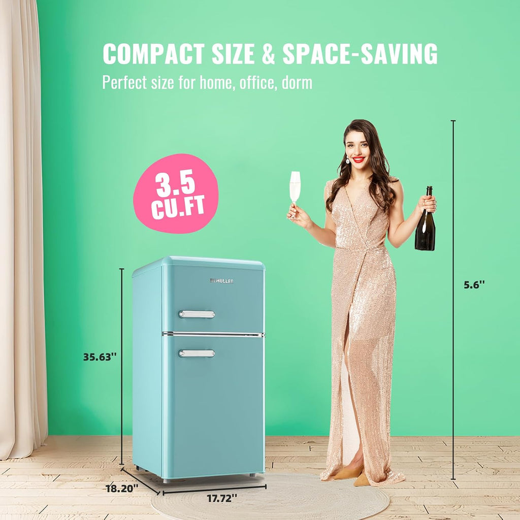 DEMULLER Retro 3.5 Cubic Feet Refrigerator with Top Freezer Two Doors & Two Handles Fridge with 7 Temperature Settings Spacous Capacity & Ideal Size Blue