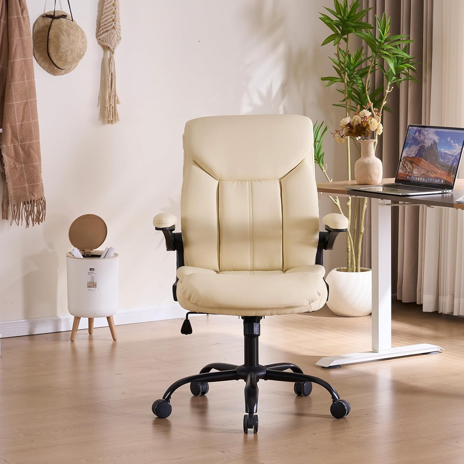 Office Chair, Ergonomic Computer Chair with Flip-up Arms Home Desk Chairs Comfy PU Leather Executive Mid Back Support Adjustable Height Tilt Lock Swivel Rolling Wheels, Cream