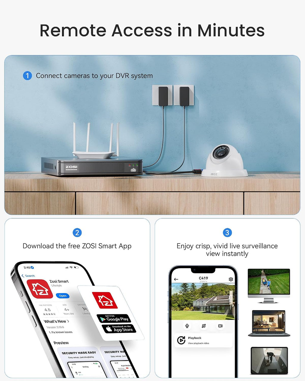 ZOSI H.265+ Home Security Camera System with AI Human Vehicle Detection, 5MP 3K Lite 8 Channel Surveillance DVR and 8 x 1080p Weatherproof CCTV Dome Camera Outdoor Indoor, 80ft Night Vision, 1TB HDD