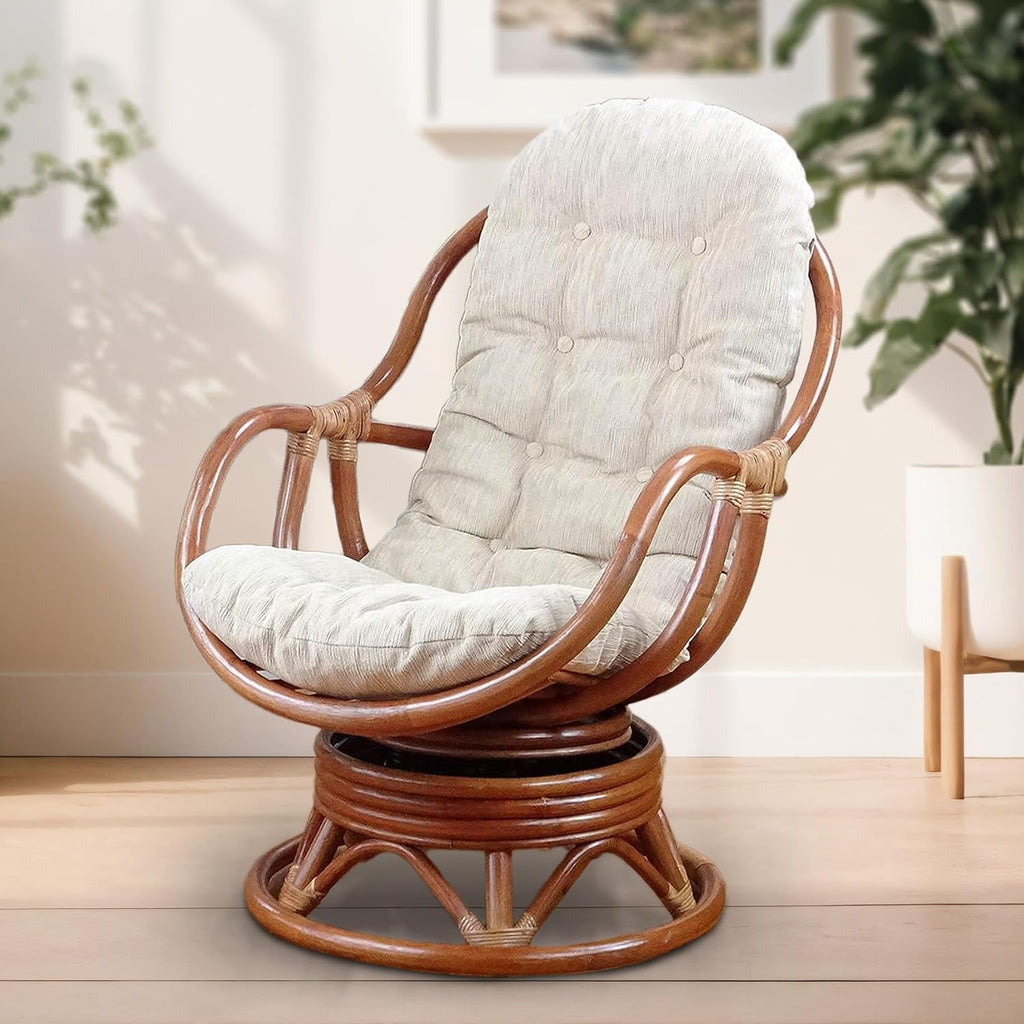 Bali Lounge Swivel Rocking Chair with Cream Cushion Natural Rattan Wicker Handmade, Colonial