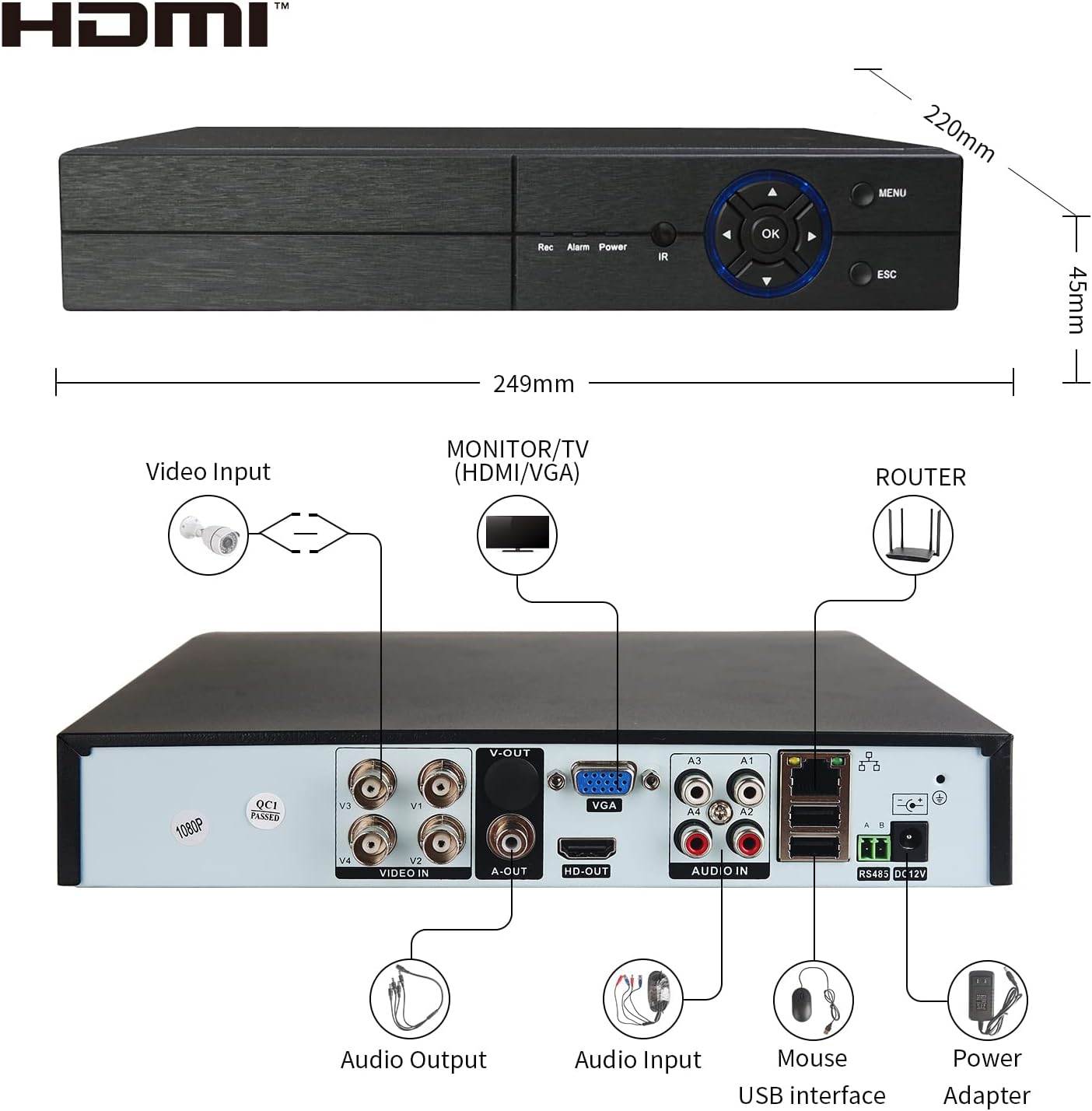 Eversecu 4 Channel Security Camera System 1080P DVR and 4pcs HD Weatherproof Cameras, Night Vision, Motion Alert, Smartphone, PC Easy Remote Access, 500GB HDD Preinstalled, Premade Cables Included