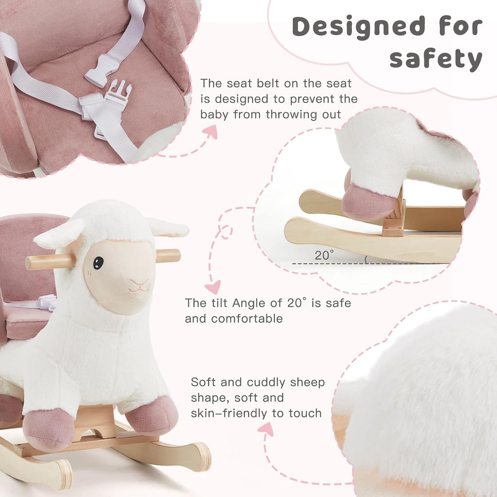 labebe - Baby Sheep Rocking Horse, Kids Plush Stuffed Rocking Animals, Ovis Aries Rocker with Seatbelt for 6 Months Babies, White Romney Rocking Horse for Toddler 1-3 Age Girl