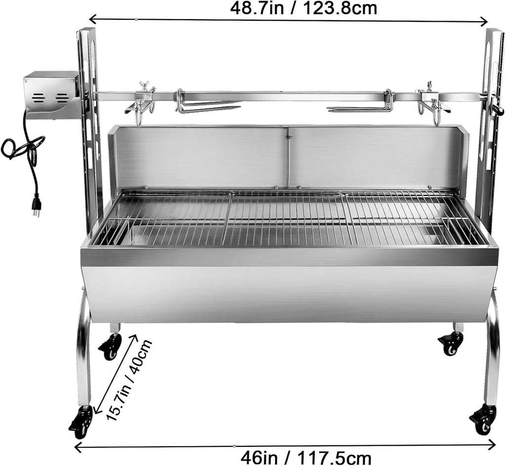 Stainless Steel Rotisserie Grill with Wind Deflector, 25W Motor Small Pig Whole Lamb Rotisserie Roaster, 80kg BBQ Charcoal Rotisserie Roaster Grill for Camping Outdoor Kitchen